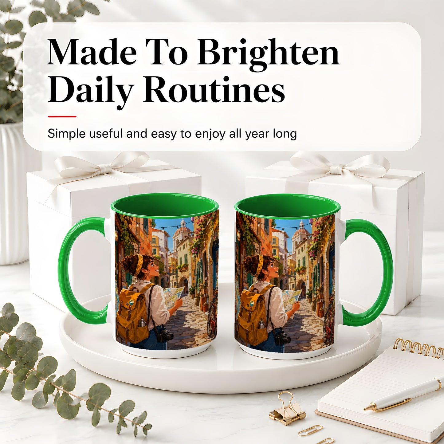#pl[15oz|Green] City Traveler Ceramic Mug, Colorful Old Town Map Adventure