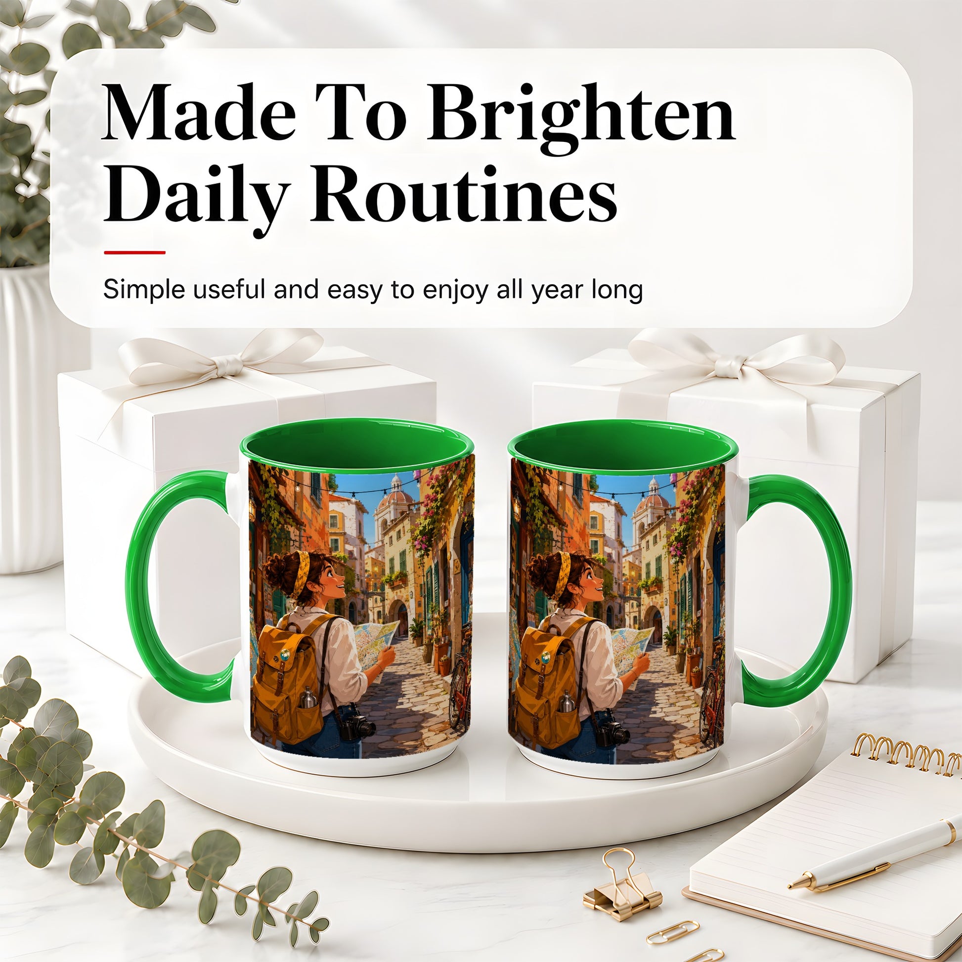 #pl[15oz|Green] City Traveler Ceramic Mug, Colorful Old Town Map Adventure