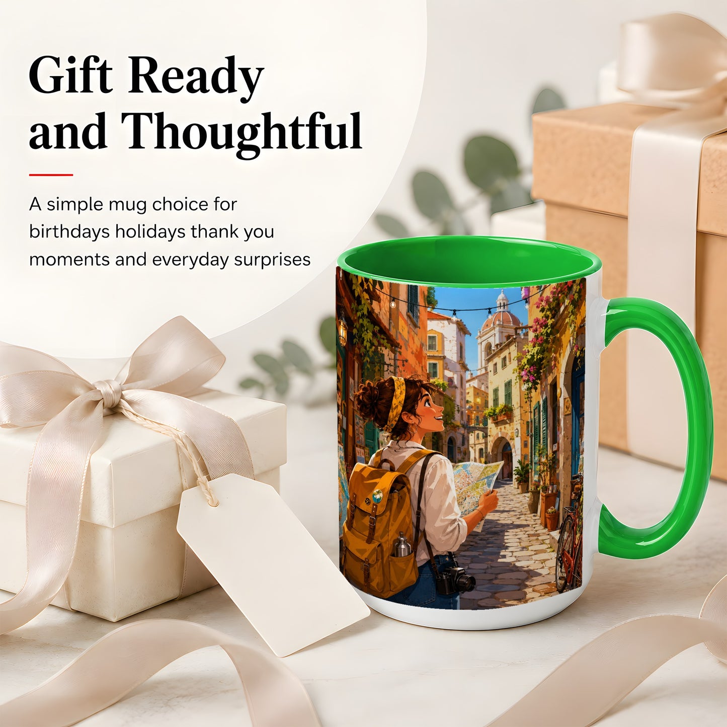 #pl[15oz|Green] City Traveler Ceramic Mug, Colorful Old Town Map Adventure