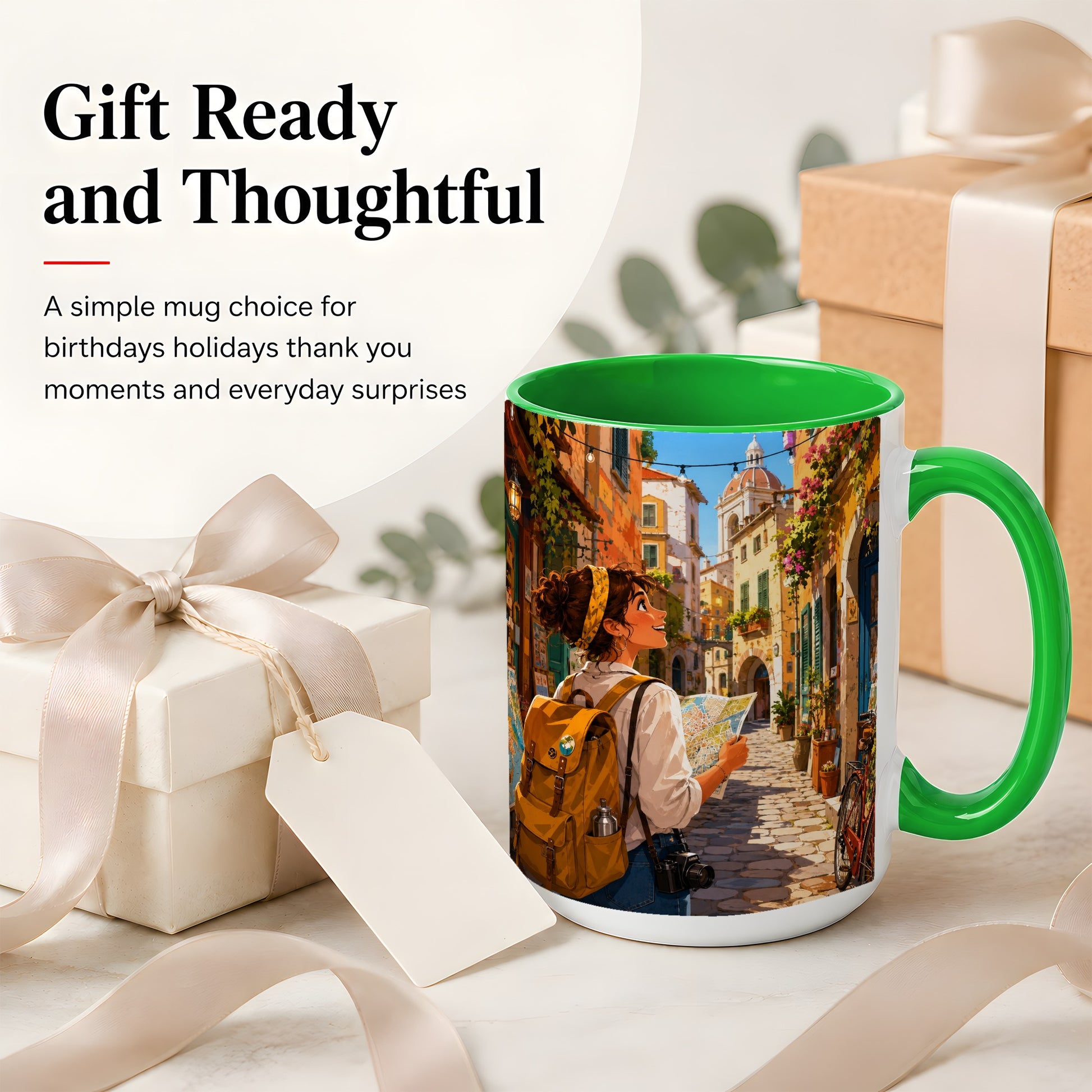 #pl[15oz|Green] City Traveler Ceramic Mug, Colorful Old Town Map Adventure