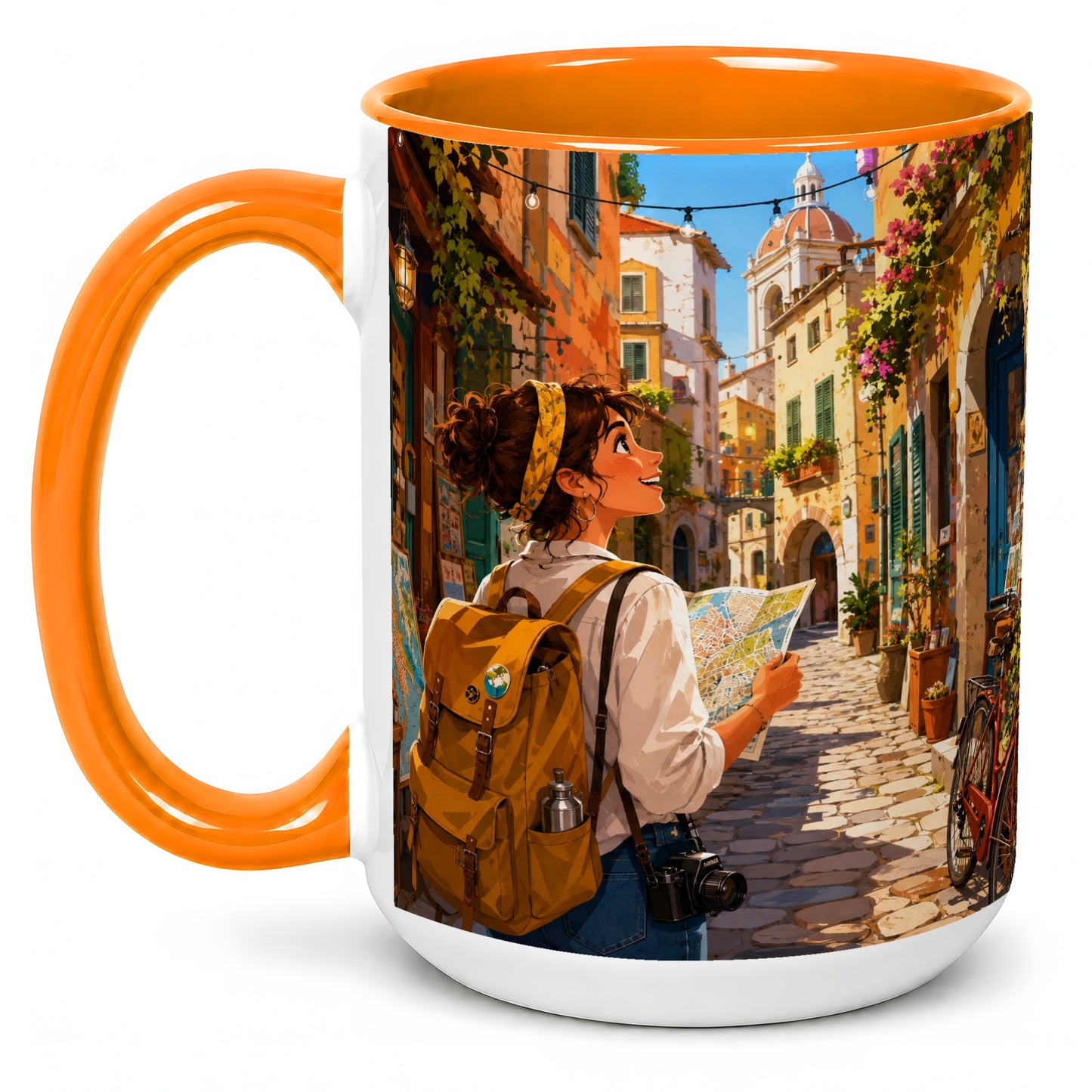 #pl[15oz|Orange] City Traveler Ceramic Mug, Colorful Old Town Map Adventure