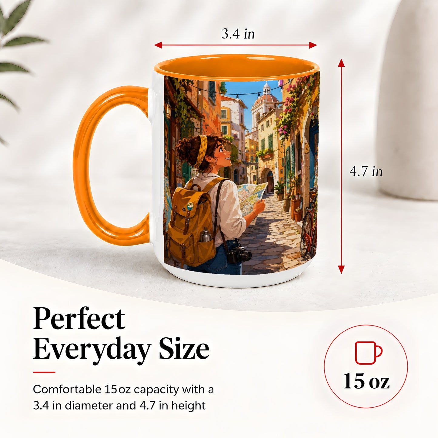 #pl[15oz|Orange] City Traveler Ceramic Mug, Colorful Old Town Map Adventure