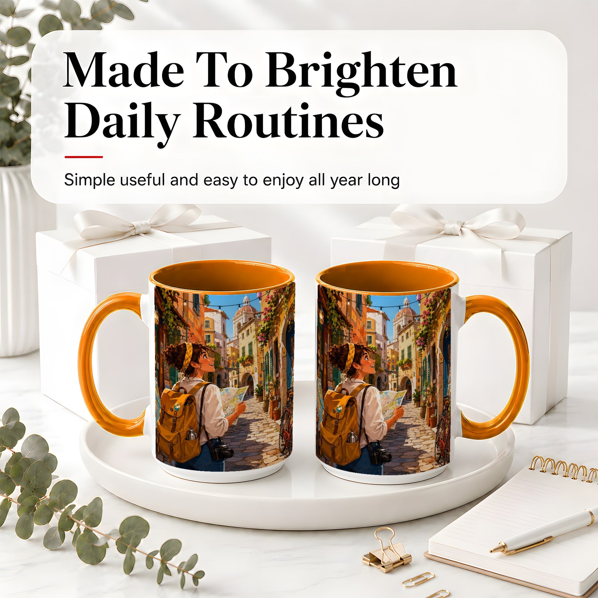 #pl[15oz|Orange] City Traveler Ceramic Mug, Colorful Old Town Map Adventure
