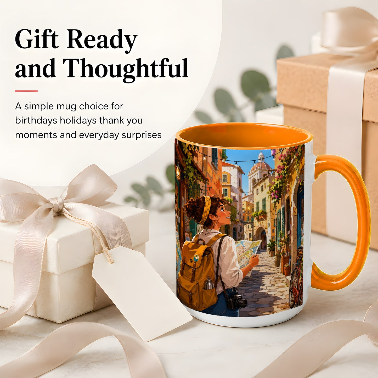 #pl[15oz|Orange] City Traveler Ceramic Mug, Colorful Old Town Map Adventure