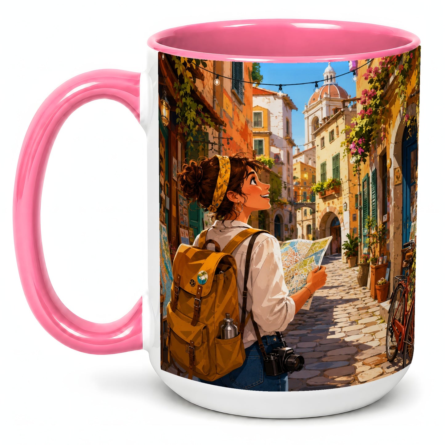 #pl[15oz|Pink] City Traveler Ceramic Mug, Colorful Old Town Map Adventure
