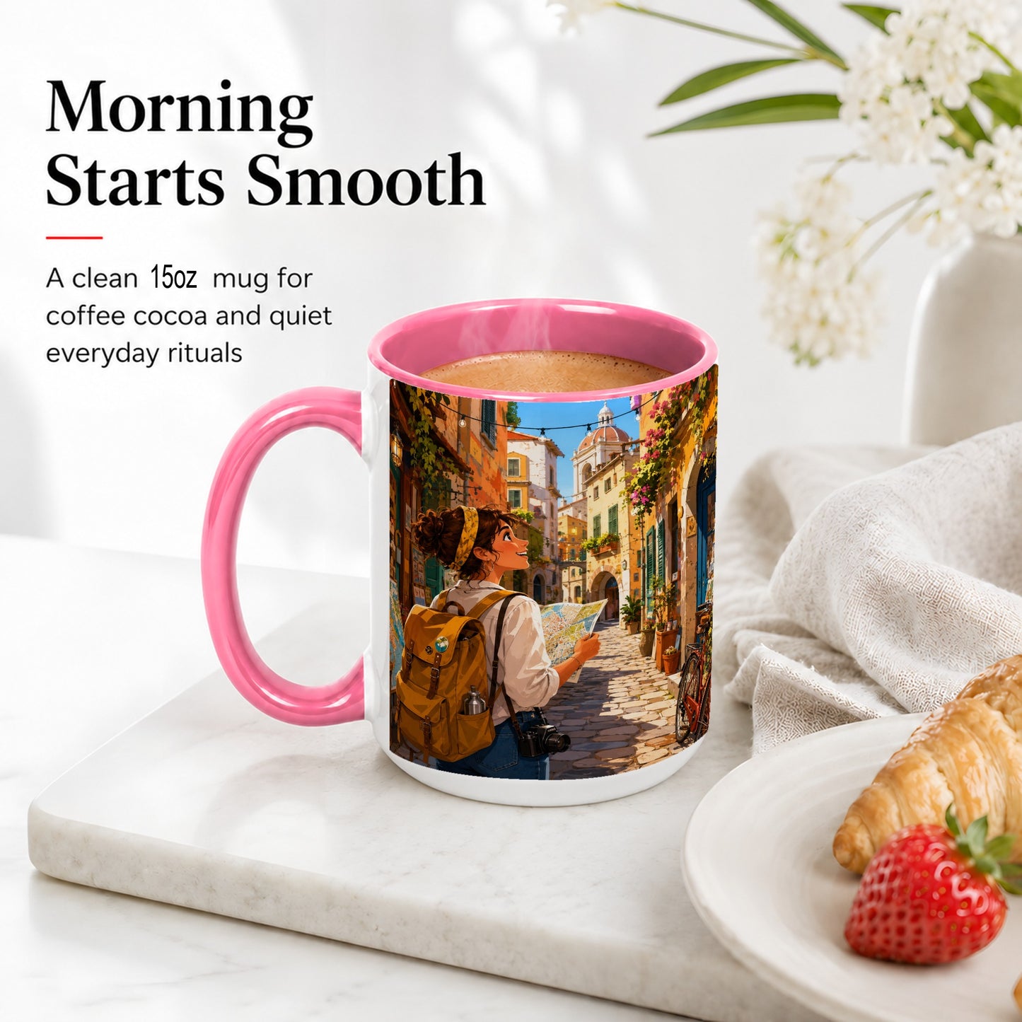 #pl[15oz|Pink] City Traveler Ceramic Mug, Colorful Old Town Map Adventure