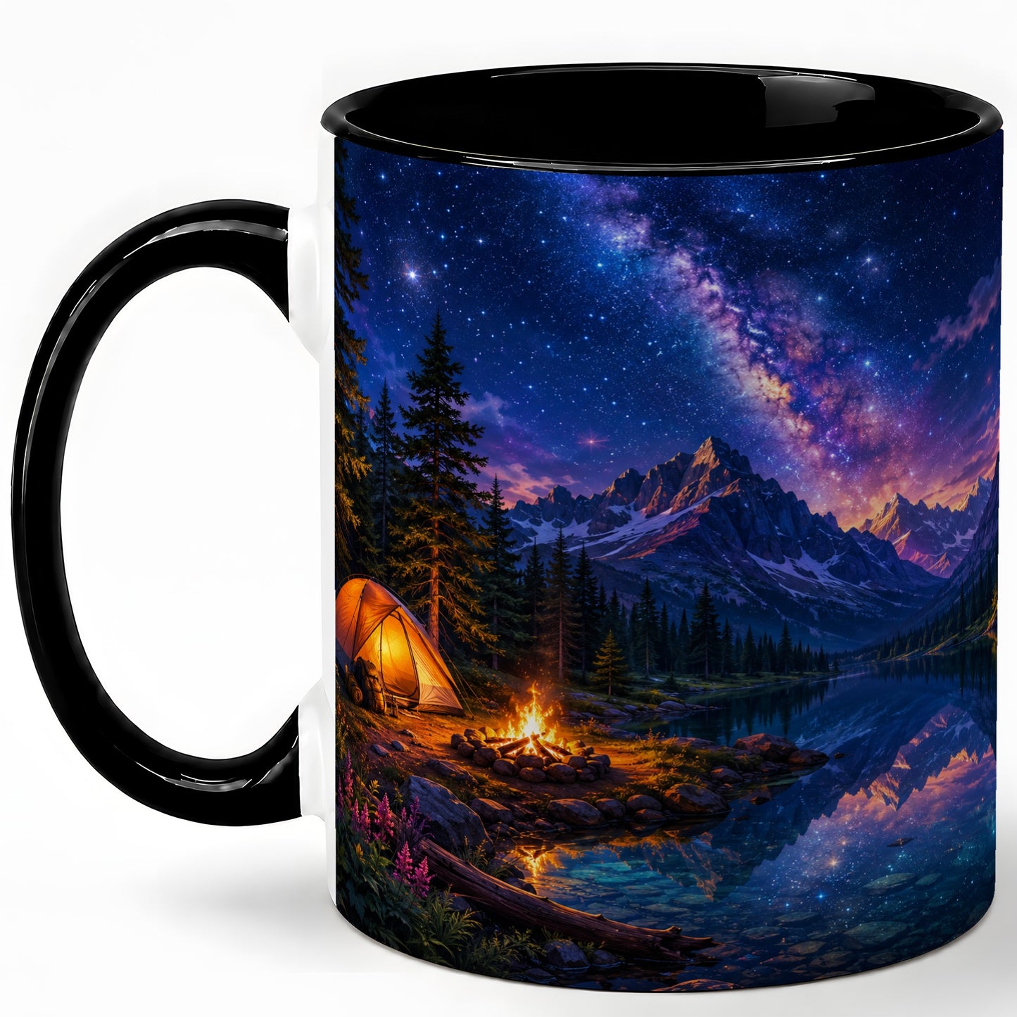 #pl[11oz|Black] Milky Way Camping Ceramic Mug, Mountain Lake Campfire Night