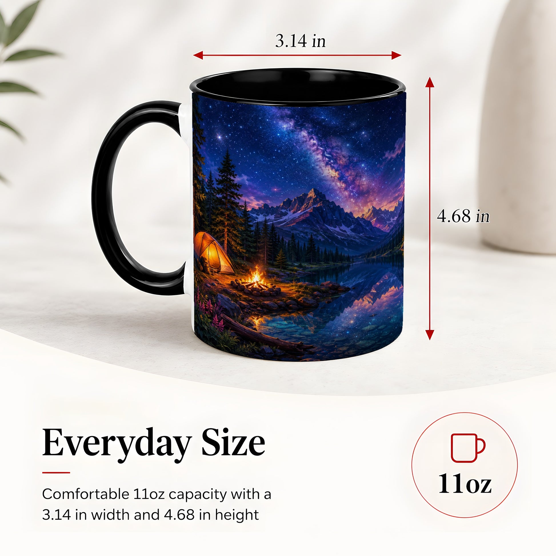 #pl[11oz|Black] Milky Way Camping Ceramic Mug, Mountain Lake Campfire Night