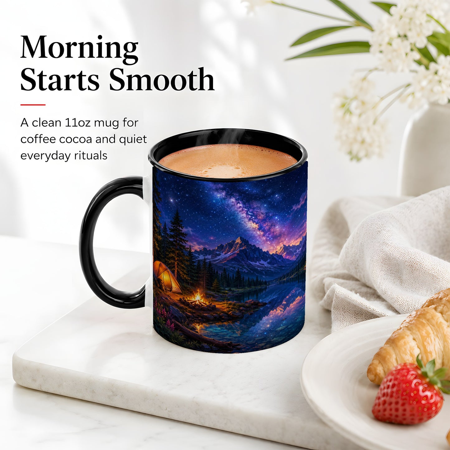 #pl[11oz|Black] Milky Way Camping Ceramic Mug, Mountain Lake Campfire Night