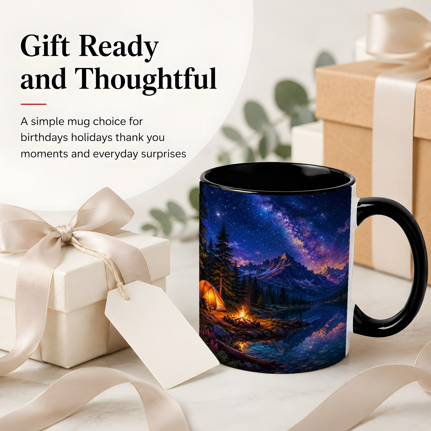 #pl[11oz|Black] Milky Way Camping Ceramic Mug, Mountain Lake Campfire Night