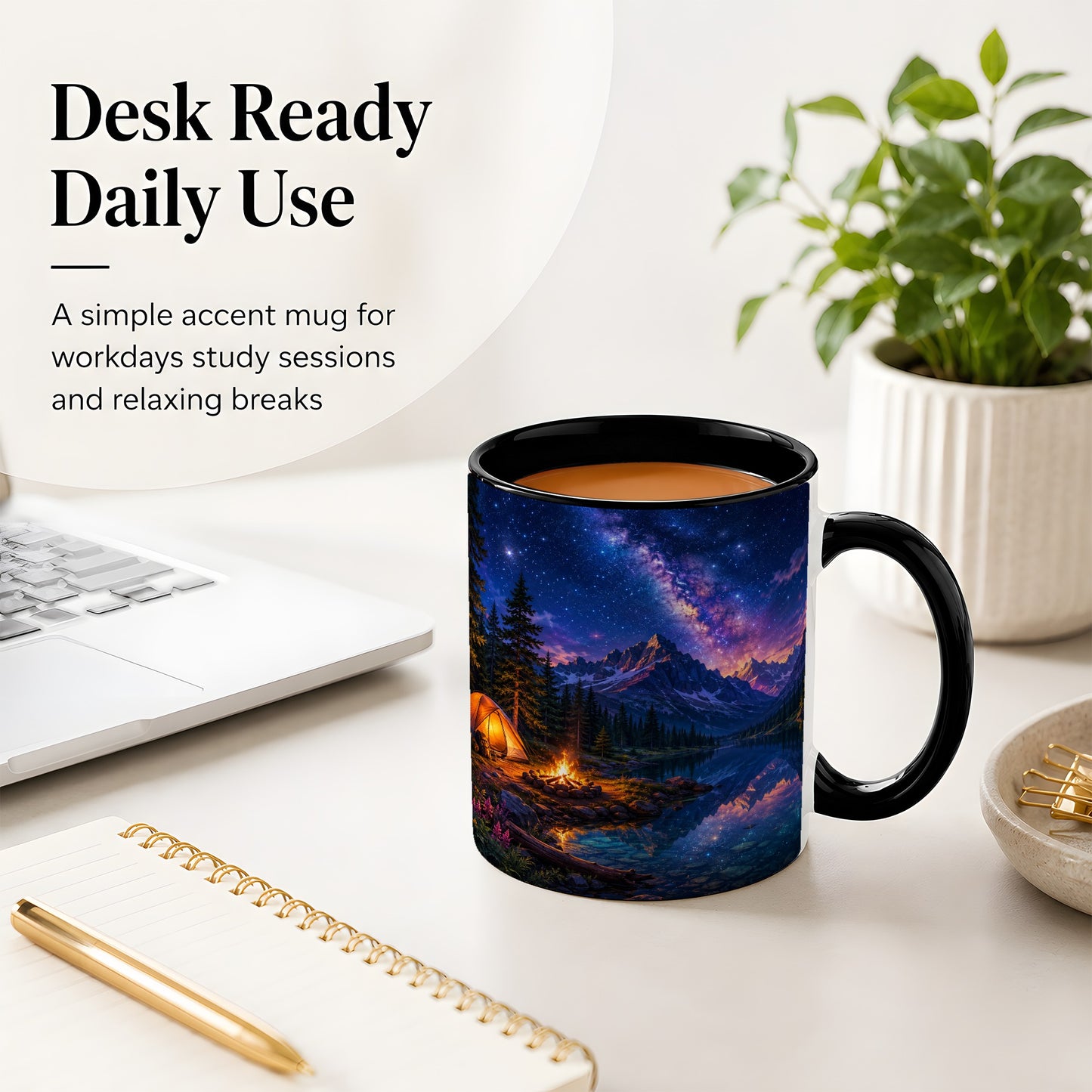 #pl[11oz|Black] Milky Way Camping Ceramic Mug, Mountain Lake Campfire Night
