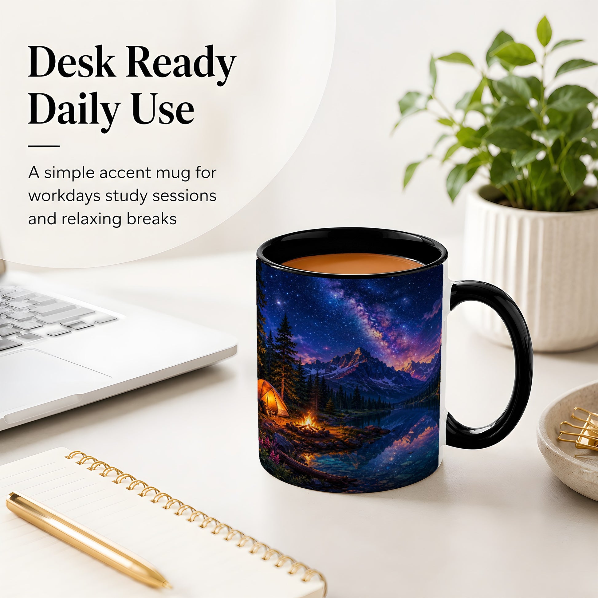 #pl[11oz|Black] Milky Way Camping Ceramic Mug, Mountain Lake Campfire Night