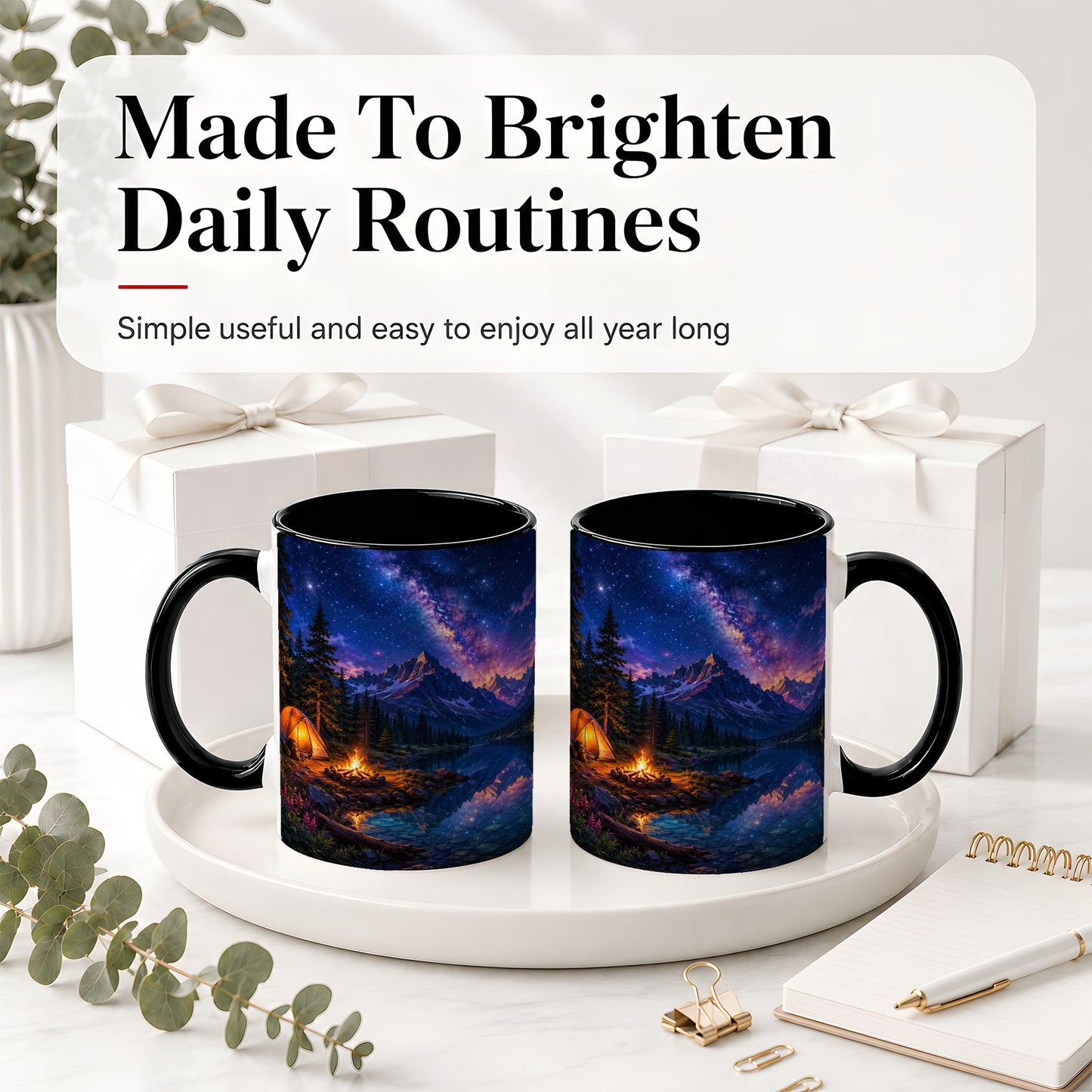 #pl[11oz|Black] Milky Way Camping Ceramic Mug, Mountain Lake Campfire Night