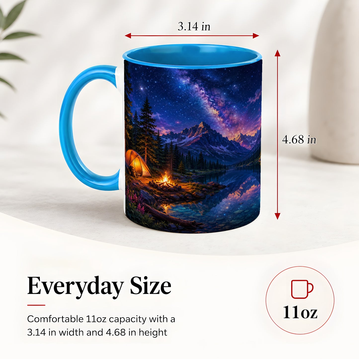 #pl[11oz|Blue] Milky Way Camping Ceramic Mug, Mountain Lake Campfire Night