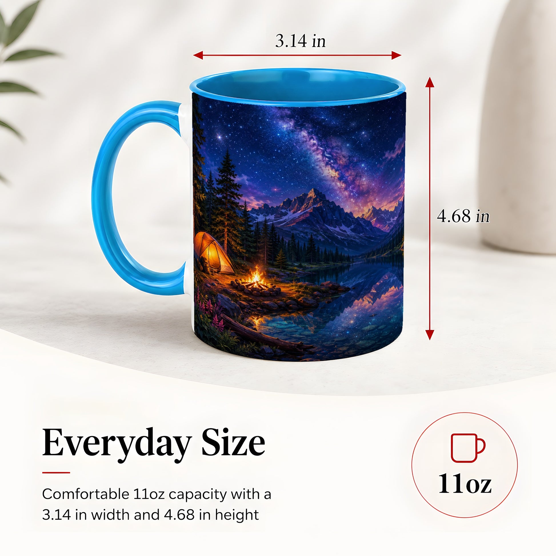 #pl[11oz|Blue] Milky Way Camping Ceramic Mug, Mountain Lake Campfire Night
