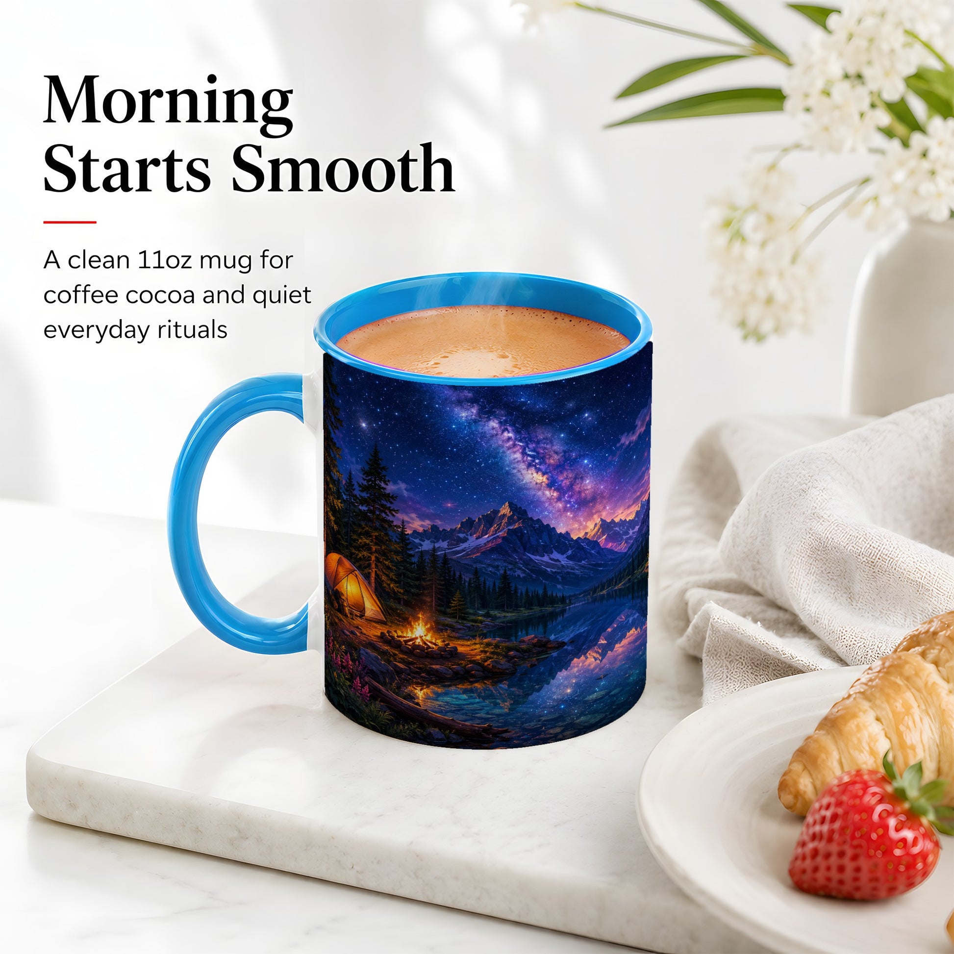 #pl[11oz|Blue] Milky Way Camping Ceramic Mug, Mountain Lake Campfire Night