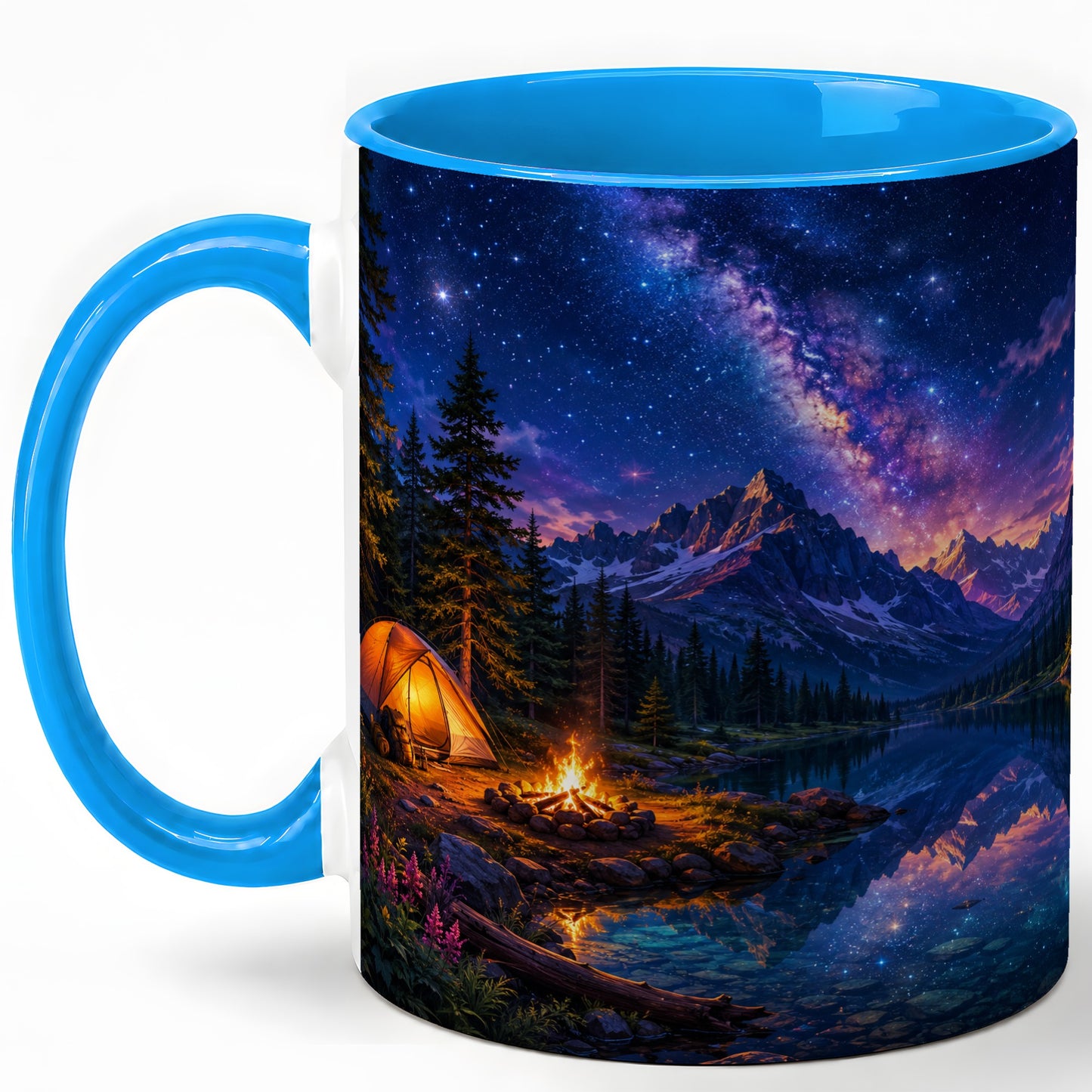 #pl[11oz|Blue] Milky Way Camping Ceramic Mug, Mountain Lake Campfire Night