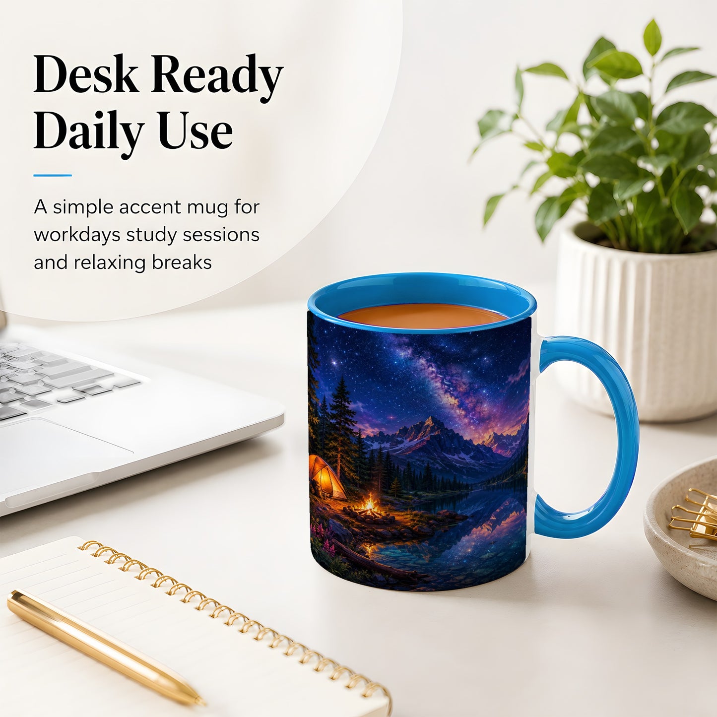 #pl[11oz|Blue] Milky Way Camping Ceramic Mug, Mountain Lake Campfire Night