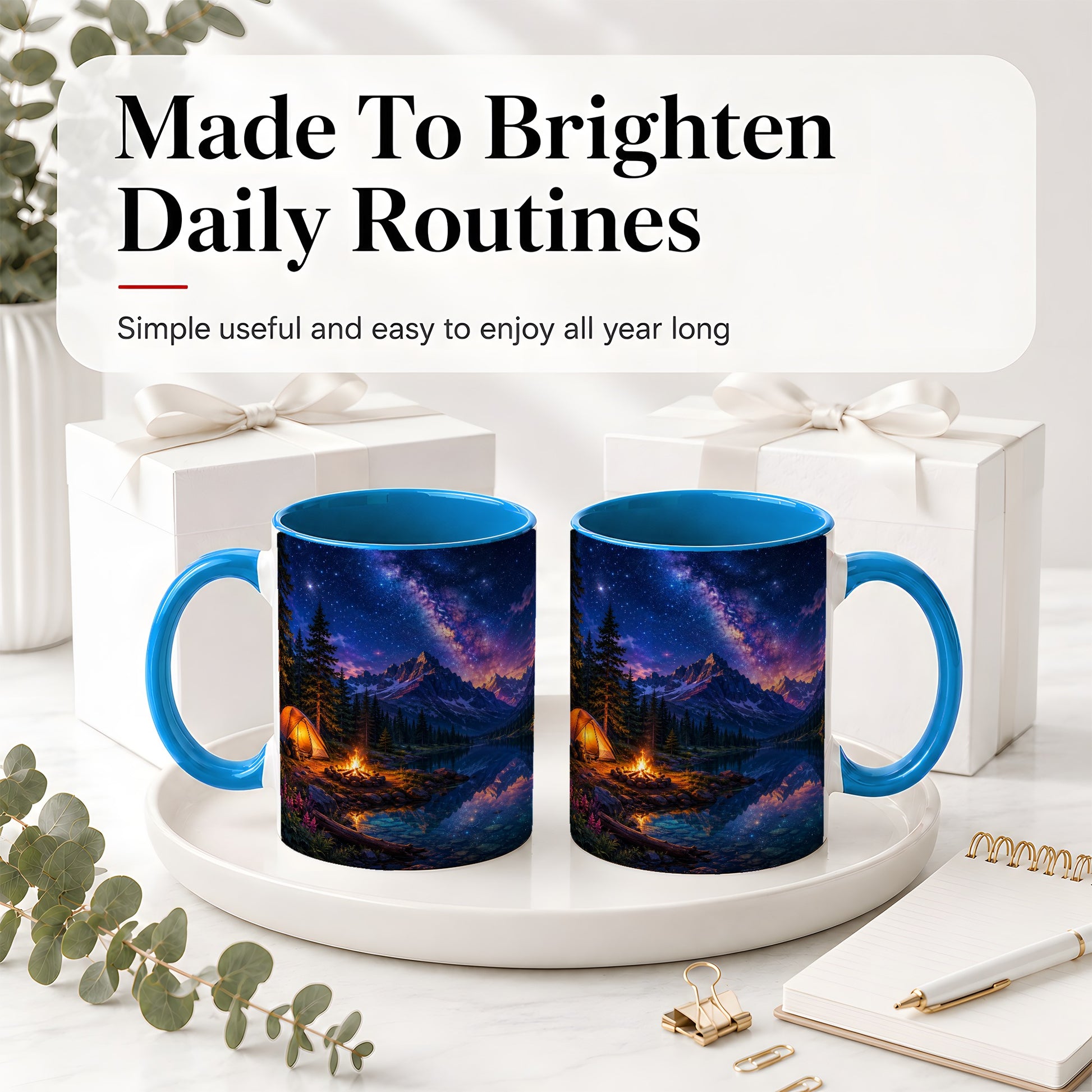 #pl[11oz|Blue] Milky Way Camping Ceramic Mug, Mountain Lake Campfire Night