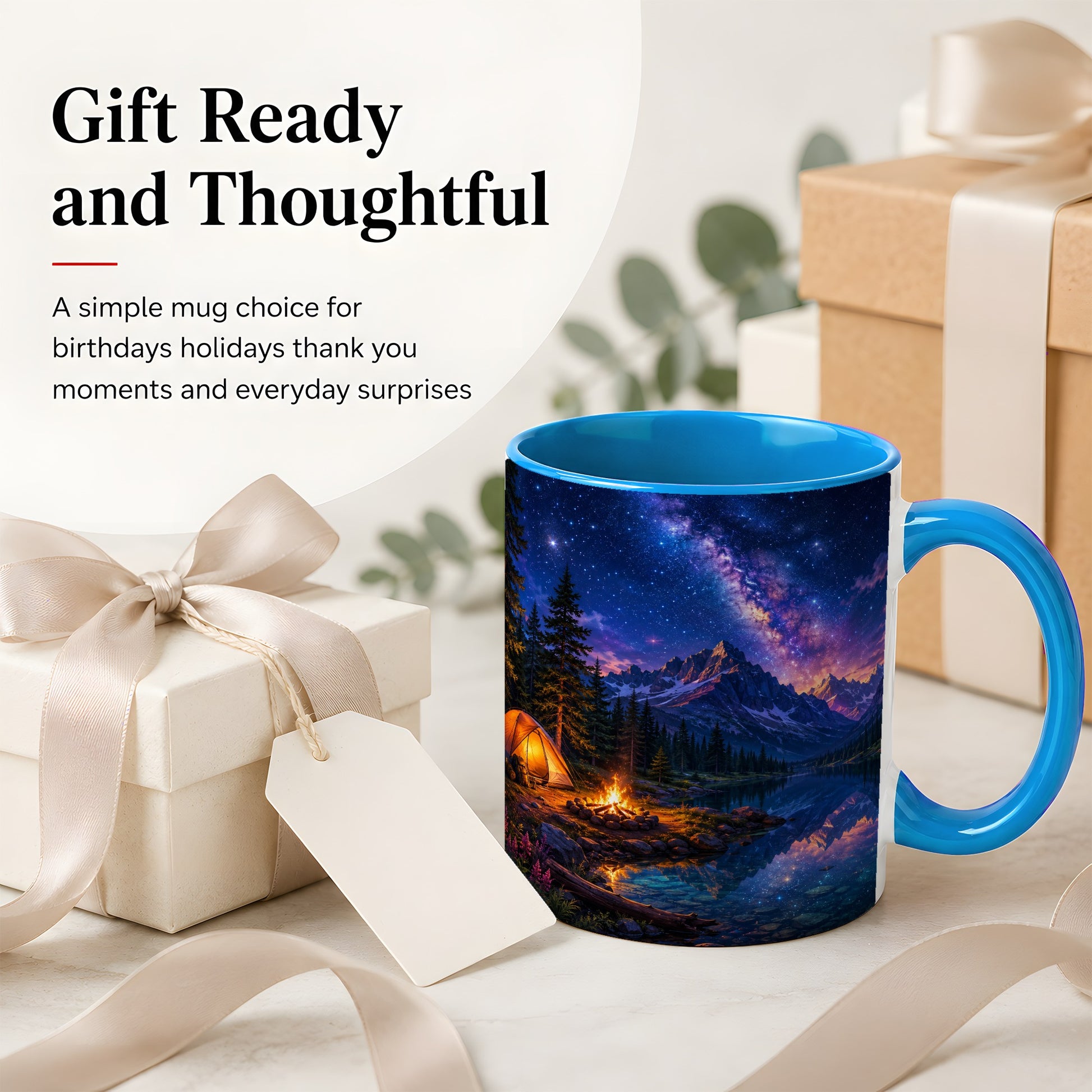 #pl[11oz|Blue] Milky Way Camping Ceramic Mug, Mountain Lake Campfire Night
