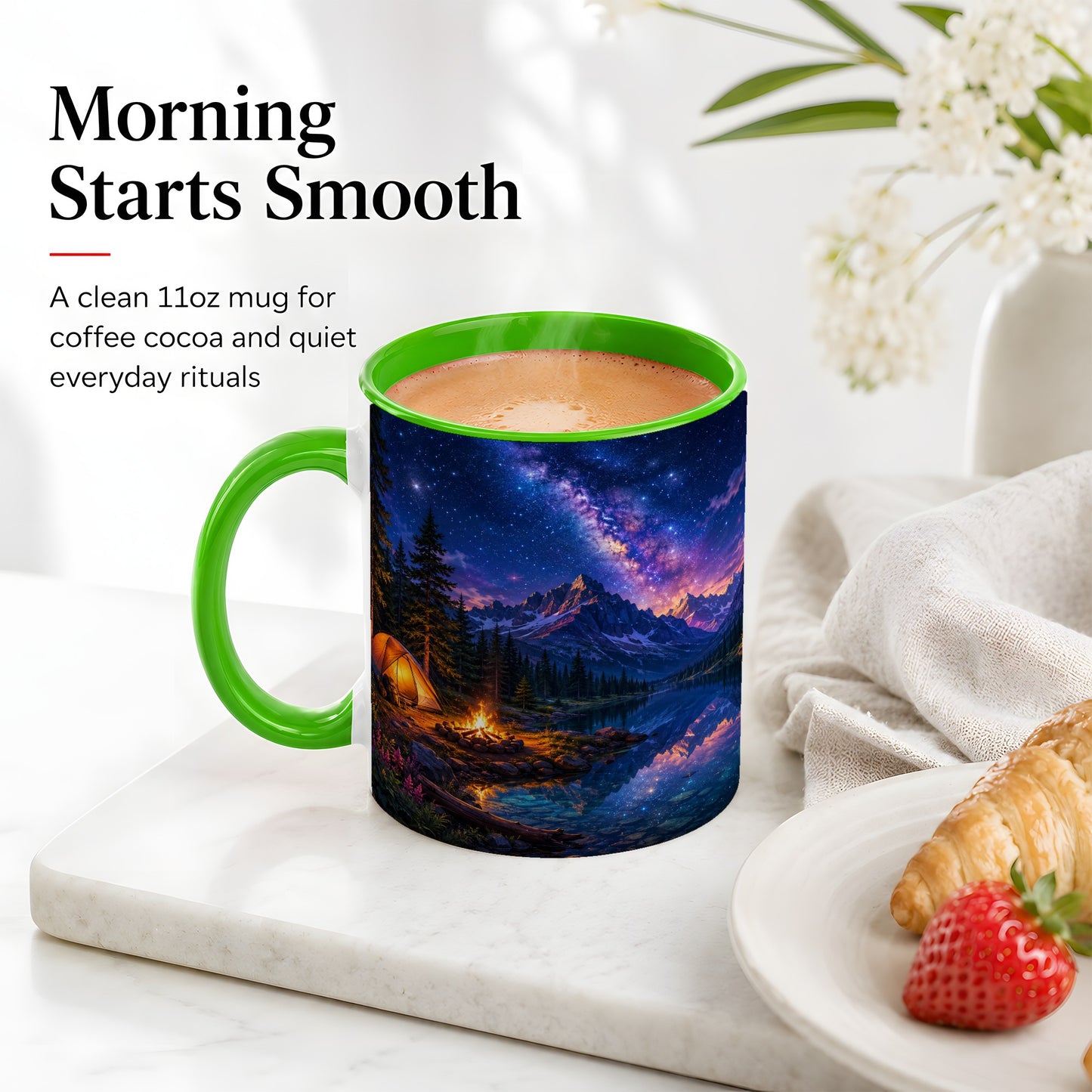 #pl[11oz|Green] Milky Way Camping Ceramic Mug, Mountain Lake Campfire Night