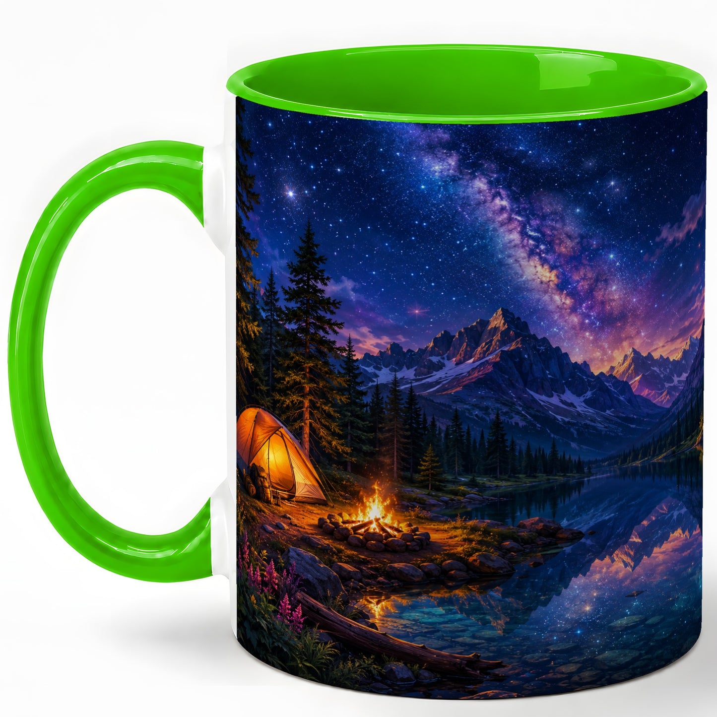 #pl[11oz|Green] Milky Way Camping Ceramic Mug, Mountain Lake Campfire Night
