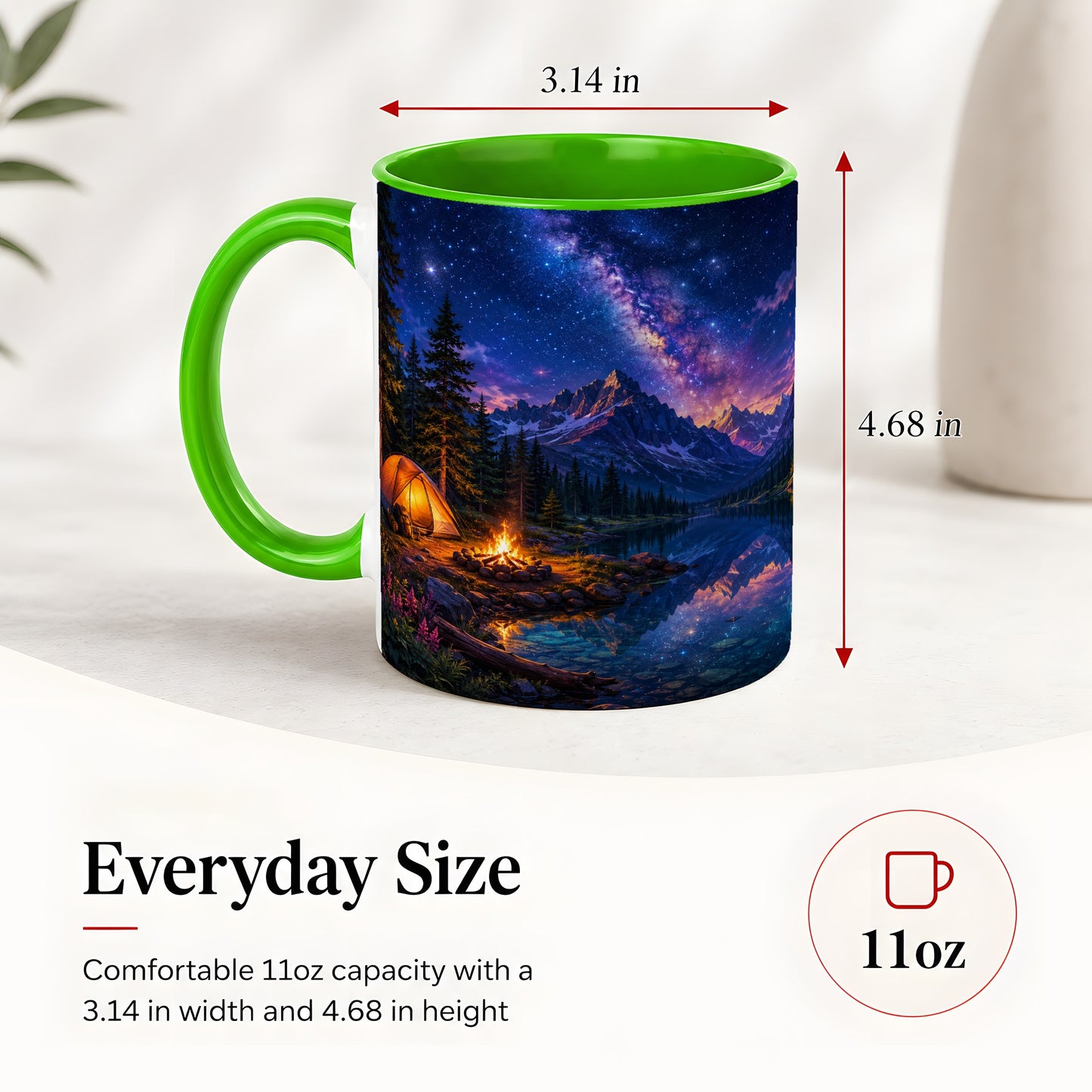 #pl[11oz|Green] Milky Way Camping Ceramic Mug, Mountain Lake Campfire Night