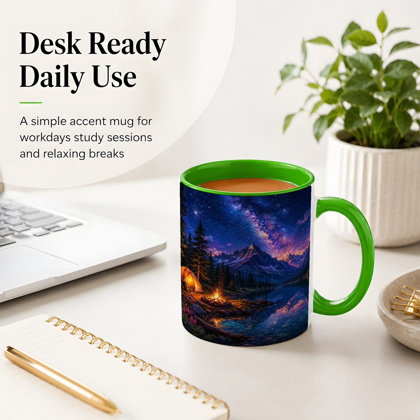 #pl[11oz|Green] Milky Way Camping Ceramic Mug, Mountain Lake Campfire Night