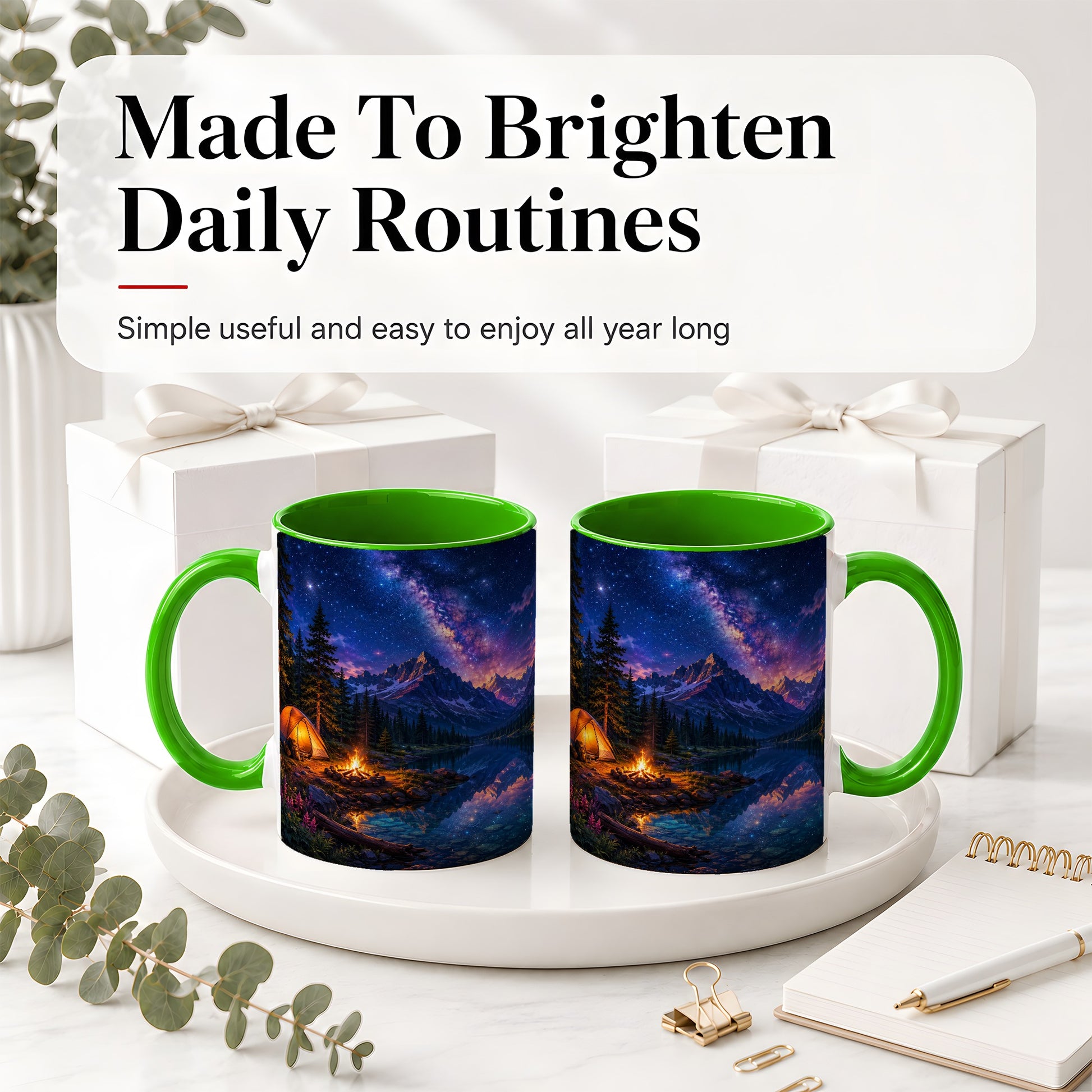 #pl[11oz|Green] Milky Way Camping Ceramic Mug, Mountain Lake Campfire Night