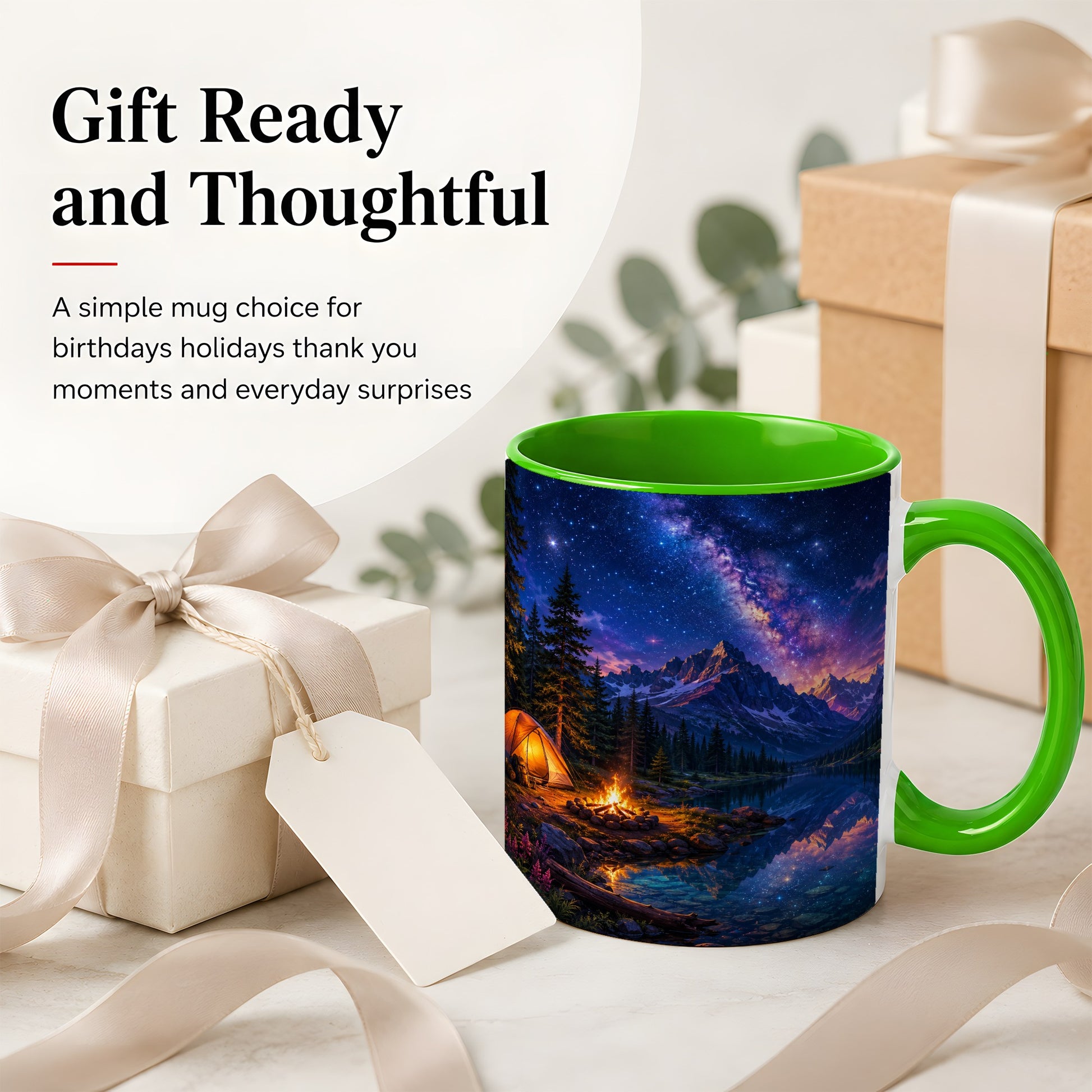 #pl[11oz|Green] Milky Way Camping Ceramic Mug, Mountain Lake Campfire Night