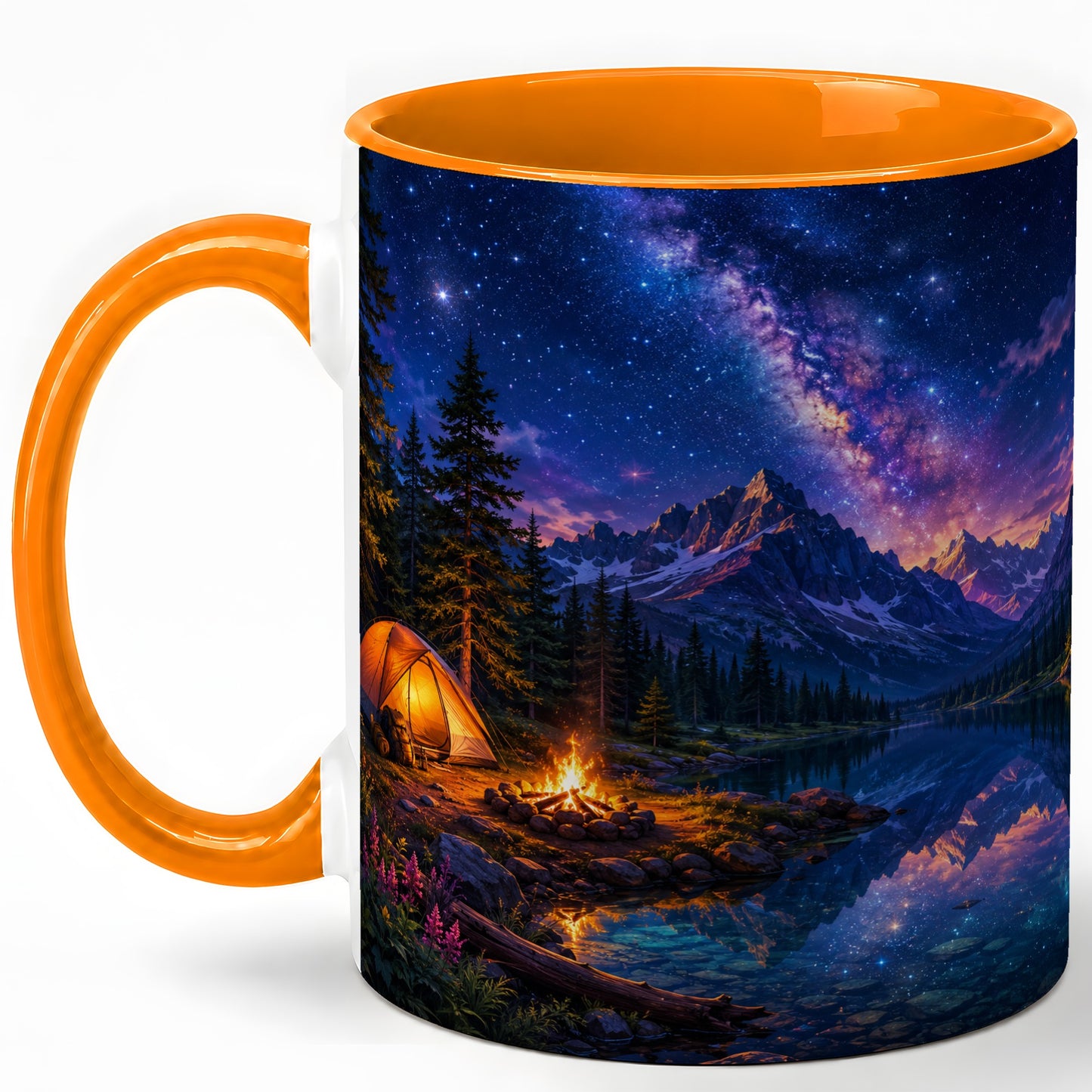#pl[11oz|Orange] Milky Way Camping Ceramic Mug, Mountain Lake Campfire Night