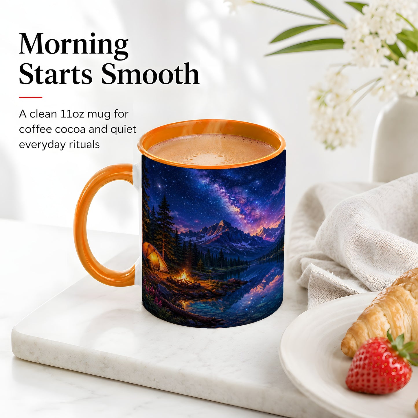 #pl[11oz|Orange] Milky Way Camping Ceramic Mug, Mountain Lake Campfire Night