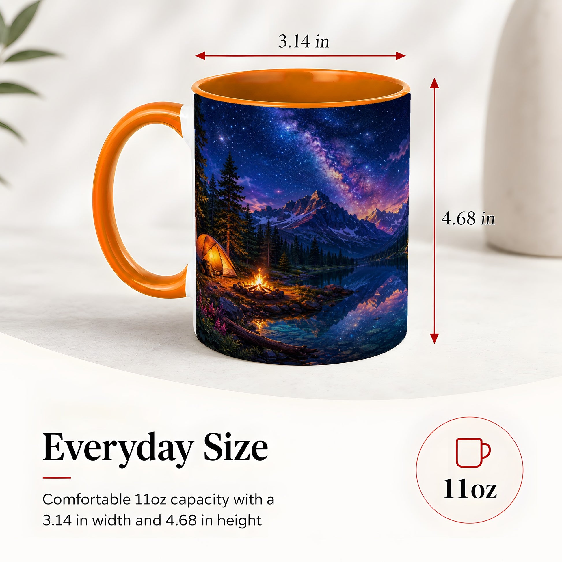 #pl[11oz|Orange] Milky Way Camping Ceramic Mug, Mountain Lake Campfire Night