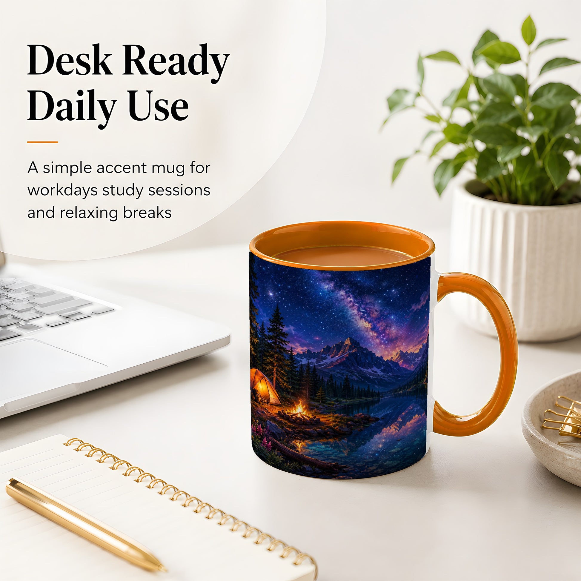 #pl[11oz|Orange] Milky Way Camping Ceramic Mug, Mountain Lake Campfire Night