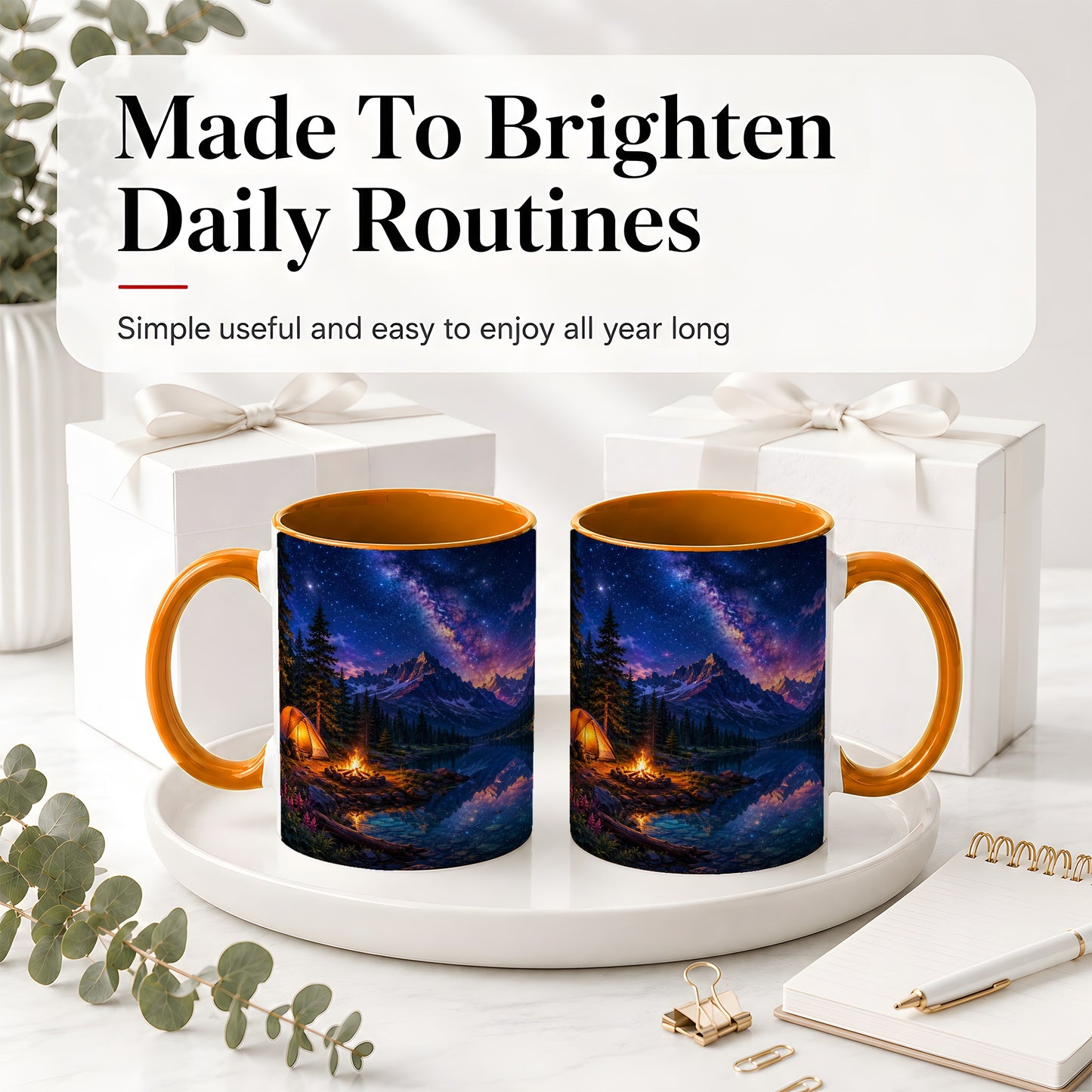 #pl[11oz|Orange] Milky Way Camping Ceramic Mug, Mountain Lake Campfire Night
