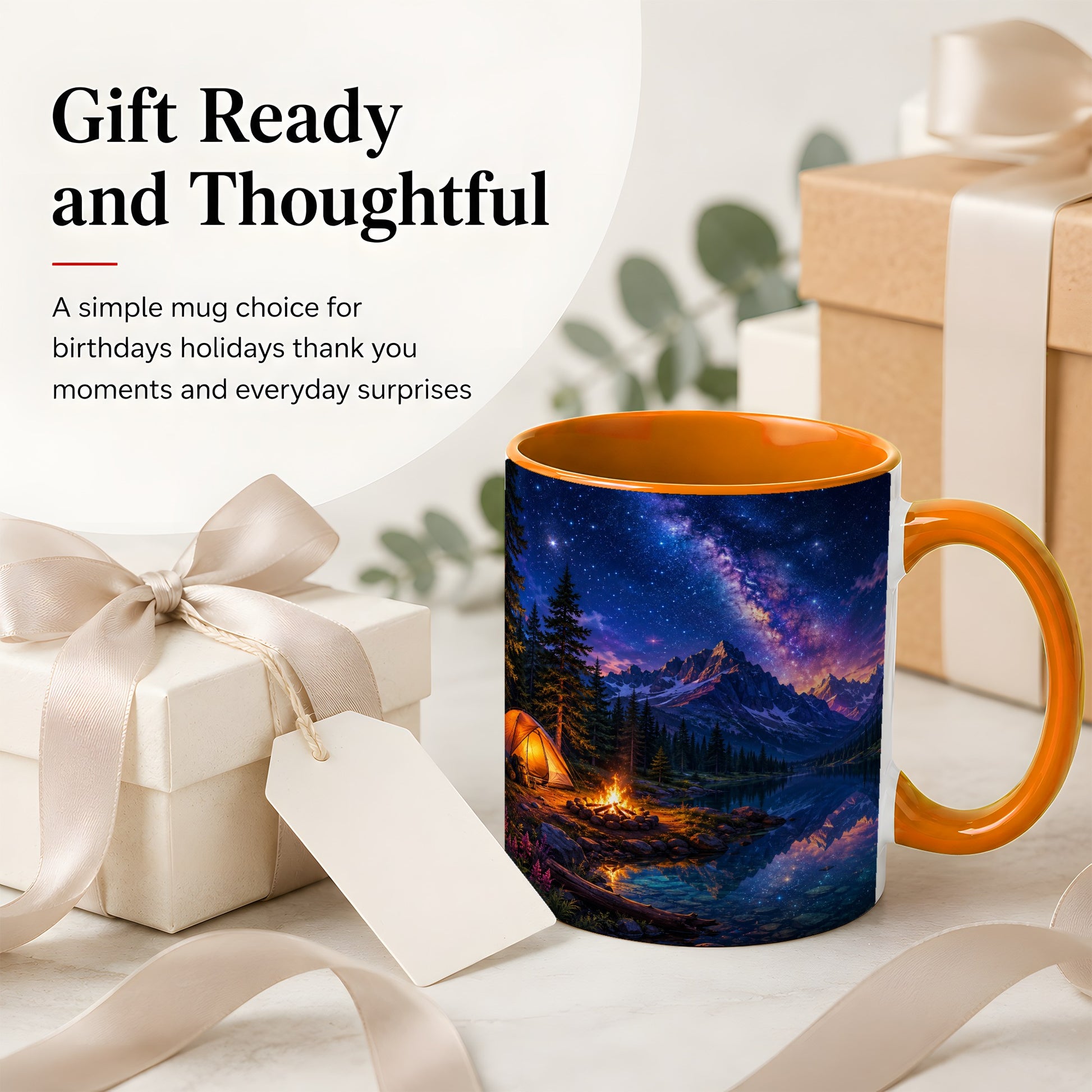 #pl[11oz|Orange] Milky Way Camping Ceramic Mug, Mountain Lake Campfire Night