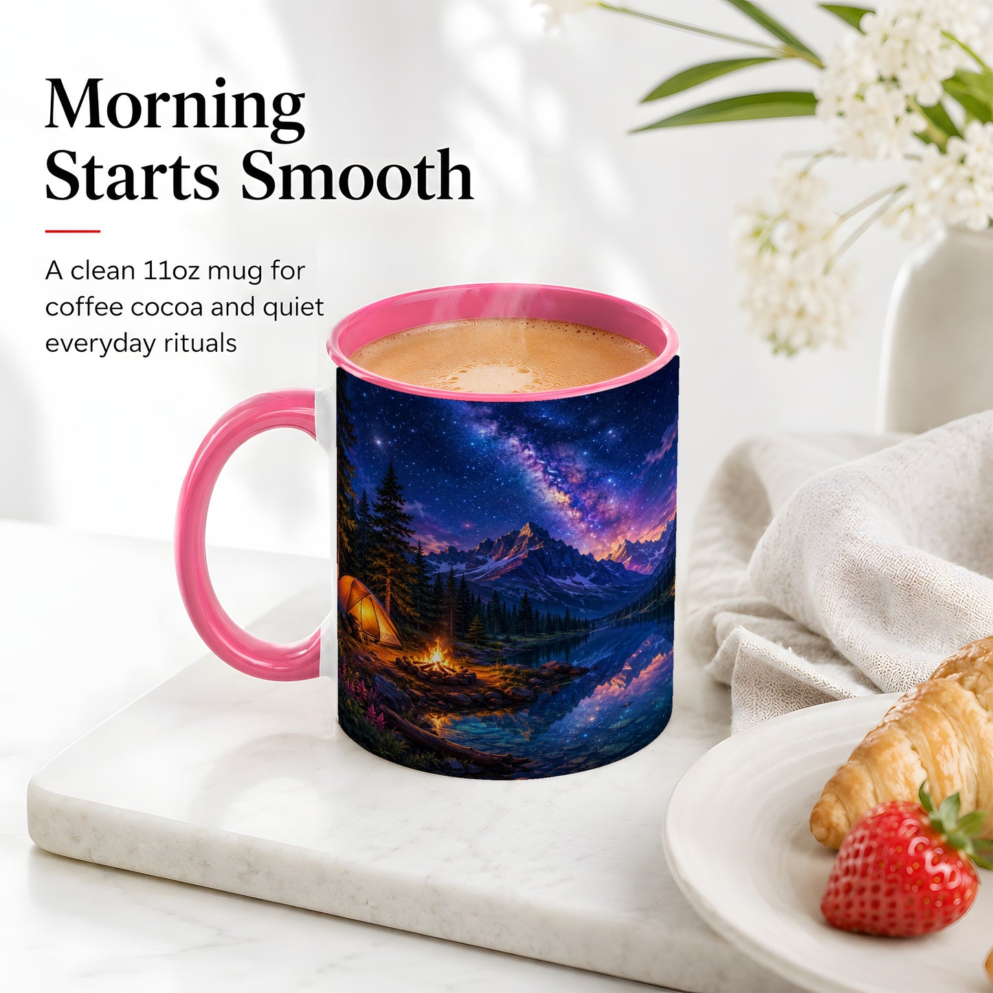 #pl[11oz|Pink] Milky Way Camping Ceramic Mug, Mountain Lake Campfire Night