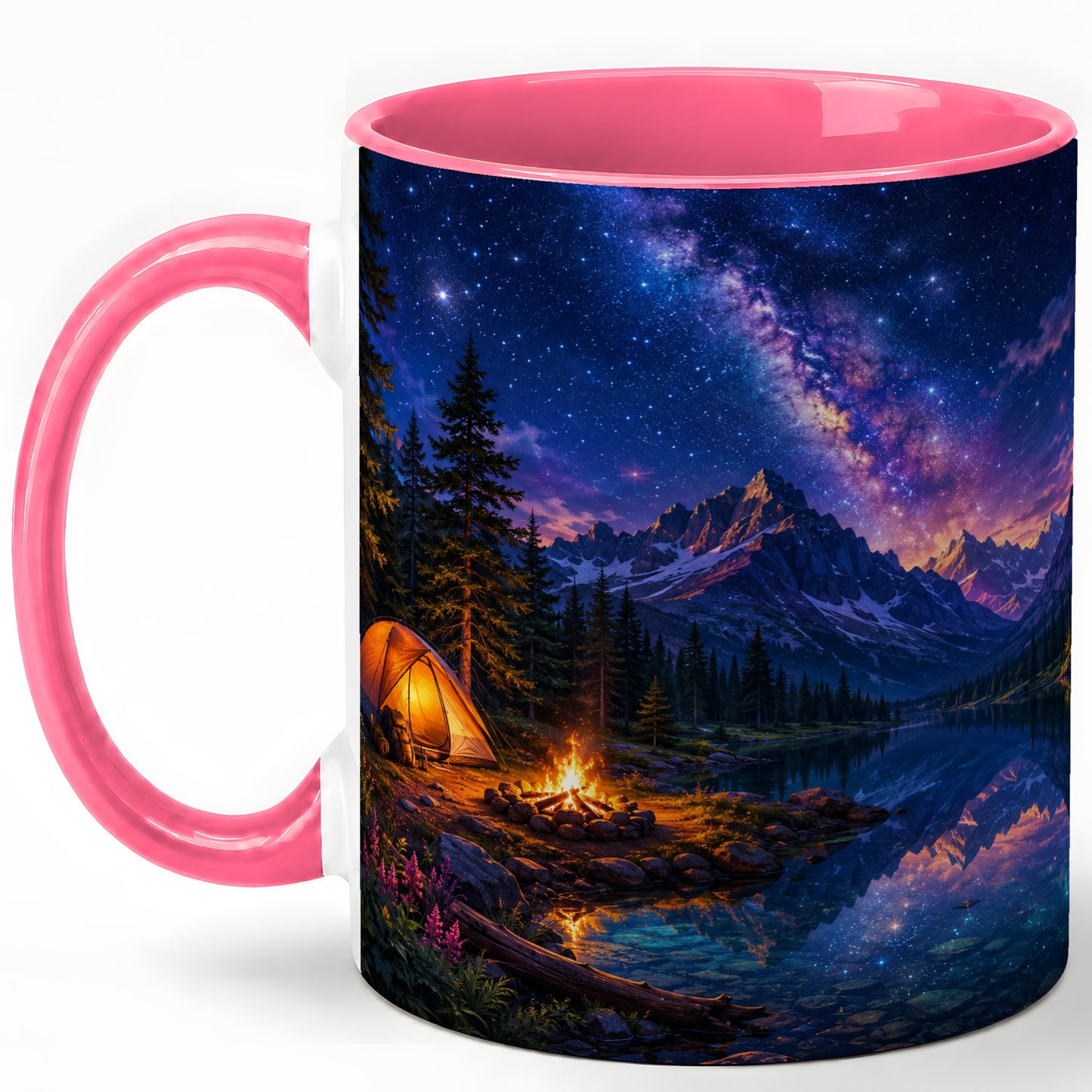 #pl[11oz|Pink] Milky Way Camping Ceramic Mug, Mountain Lake Campfire Night