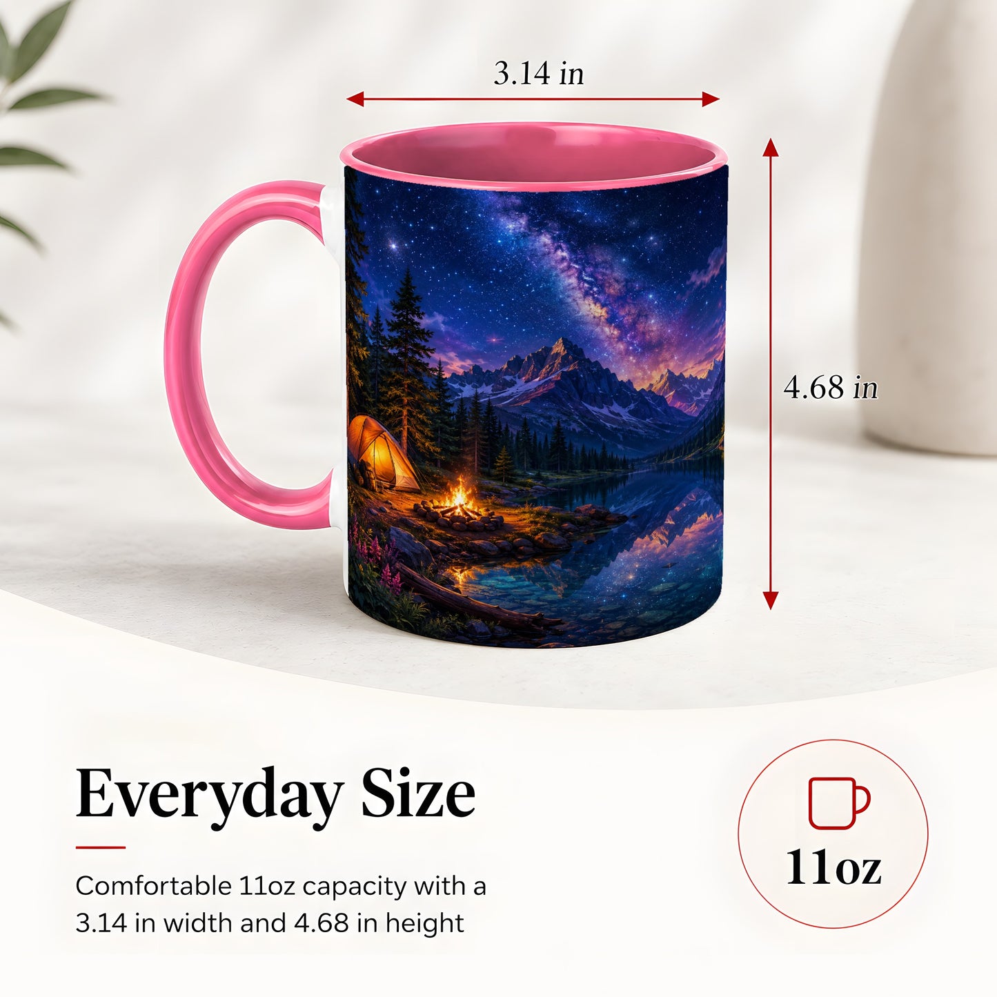 #pl[11oz|Pink] Milky Way Camping Ceramic Mug, Mountain Lake Campfire Night