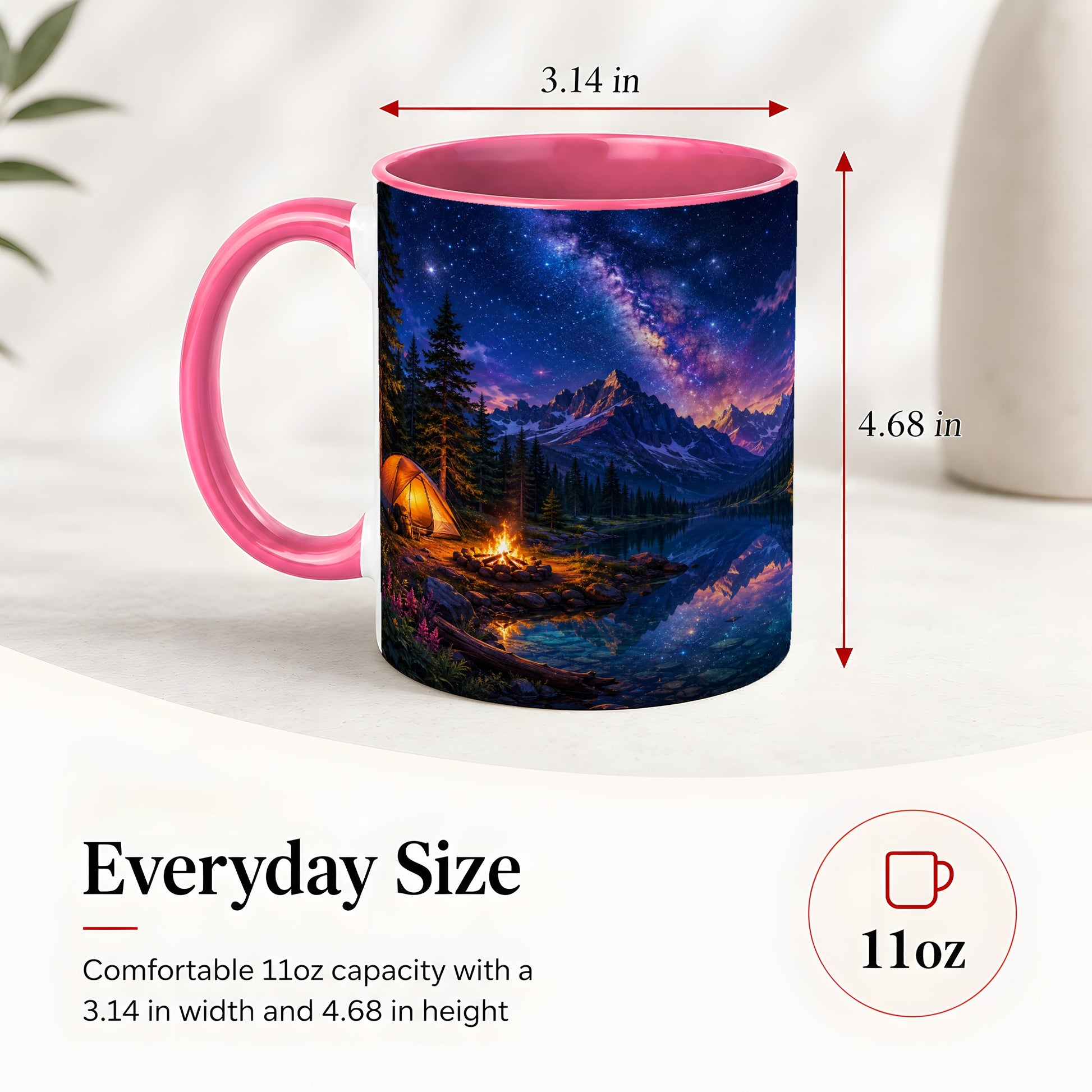 #pl[11oz|Pink] Milky Way Camping Ceramic Mug, Mountain Lake Campfire Night