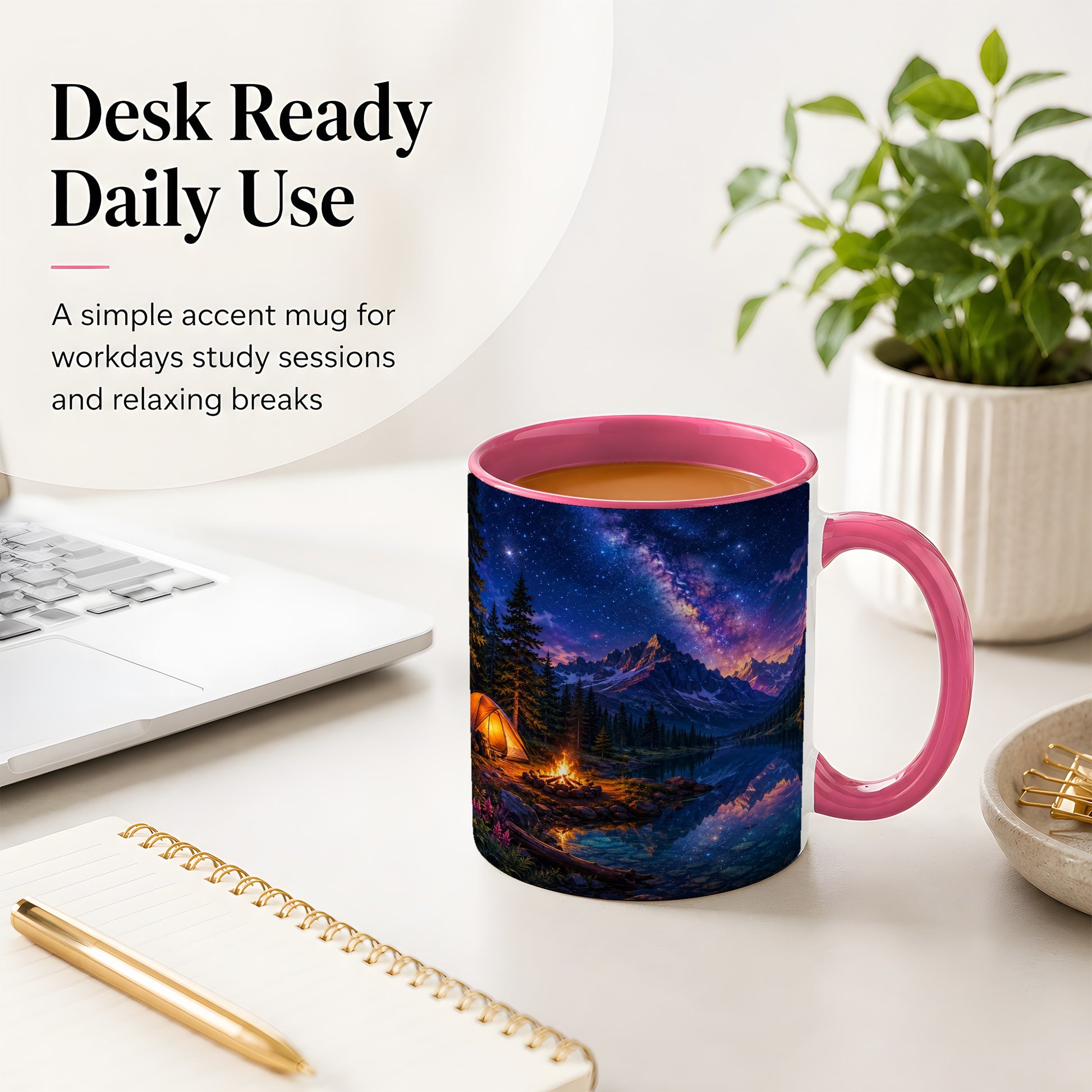 #pl[11oz|Pink] Milky Way Camping Ceramic Mug, Mountain Lake Campfire Night