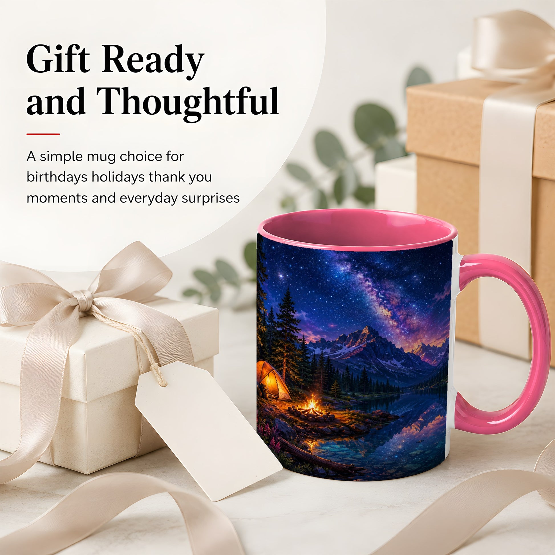 #pl[11oz|Pink] Milky Way Camping Ceramic Mug, Mountain Lake Campfire Night