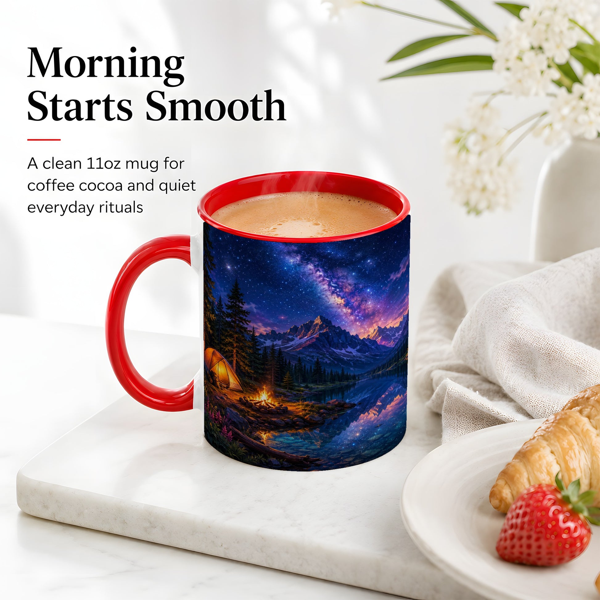 #pl[11oz|Red] Milky Way Camping Ceramic Mug, Mountain Lake Campfire Night