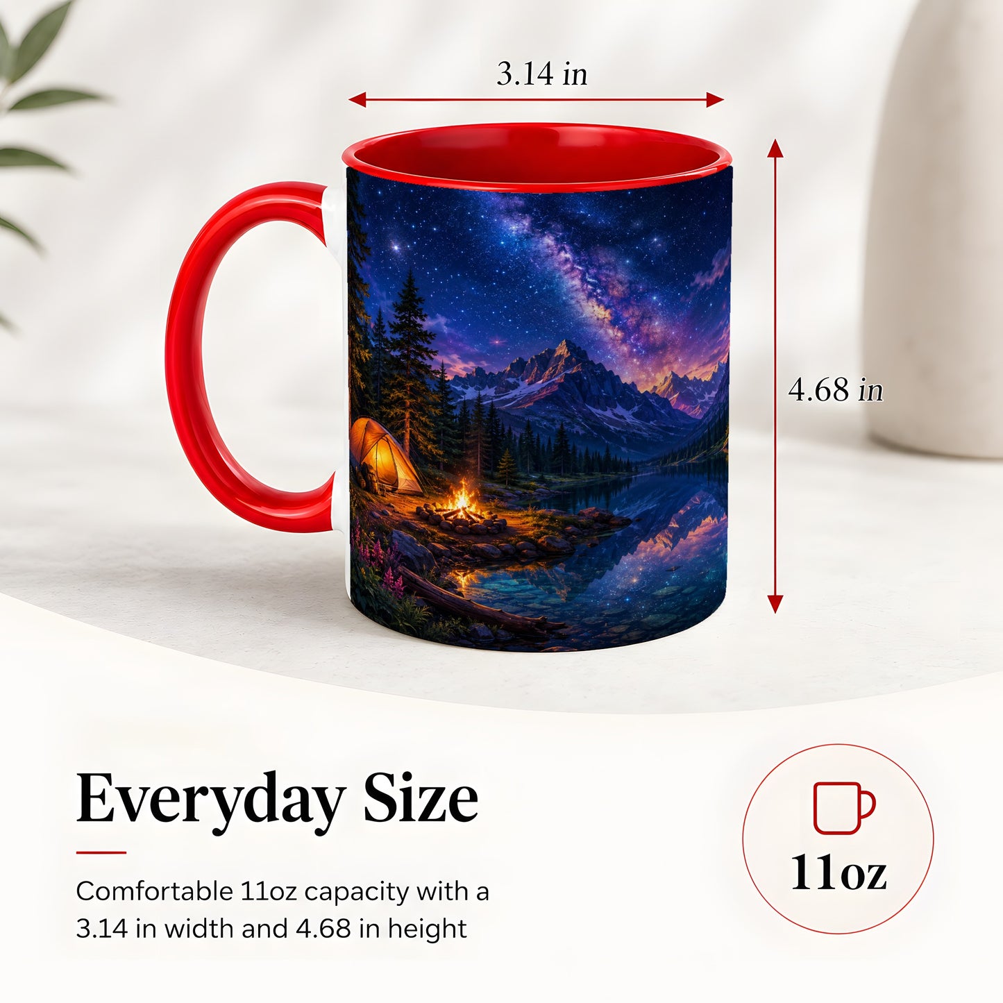 #pl[11oz|Red] Milky Way Camping Ceramic Mug, Mountain Lake Campfire Night