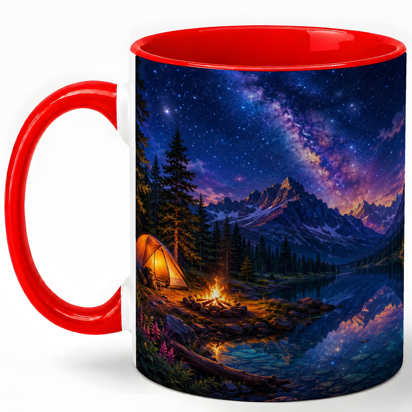 Milky Way Camping Ceramic Mug, Mountain Lake Campfire Night