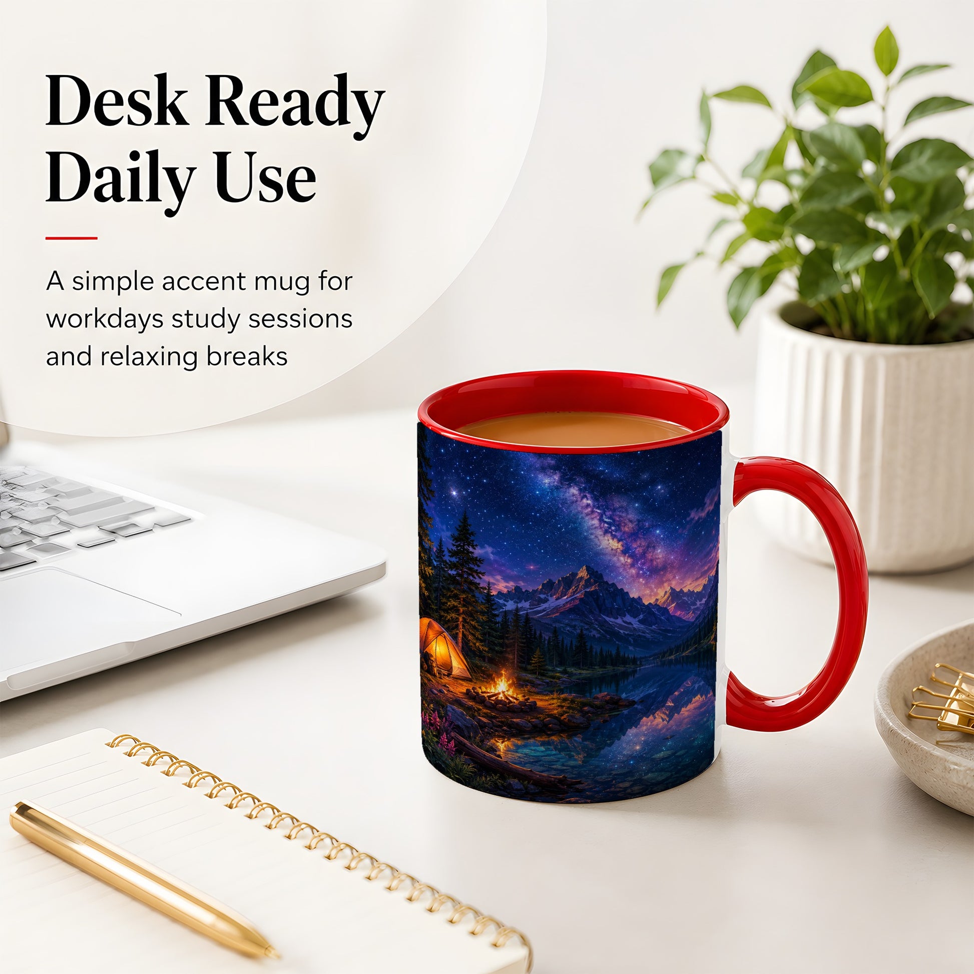 #pl[11oz|Red] Milky Way Camping Ceramic Mug, Mountain Lake Campfire Night