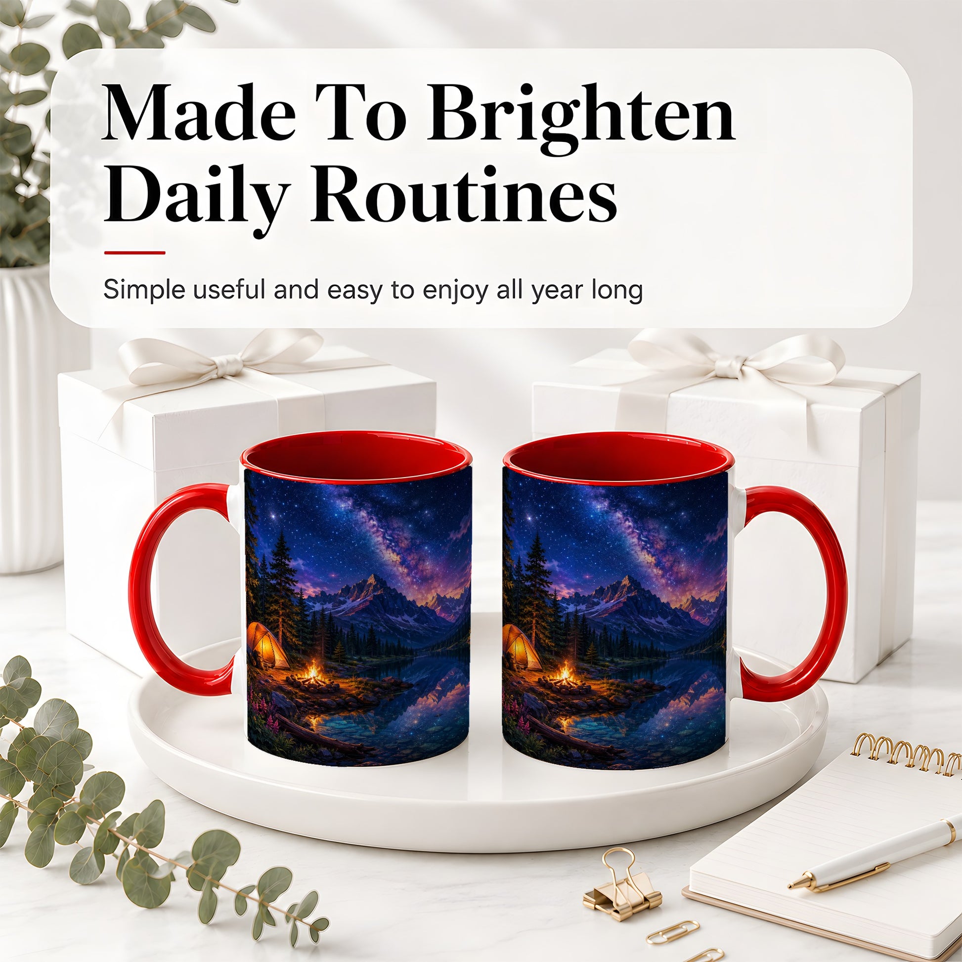 #pl[11oz|Red] Milky Way Camping Ceramic Mug, Mountain Lake Campfire Night