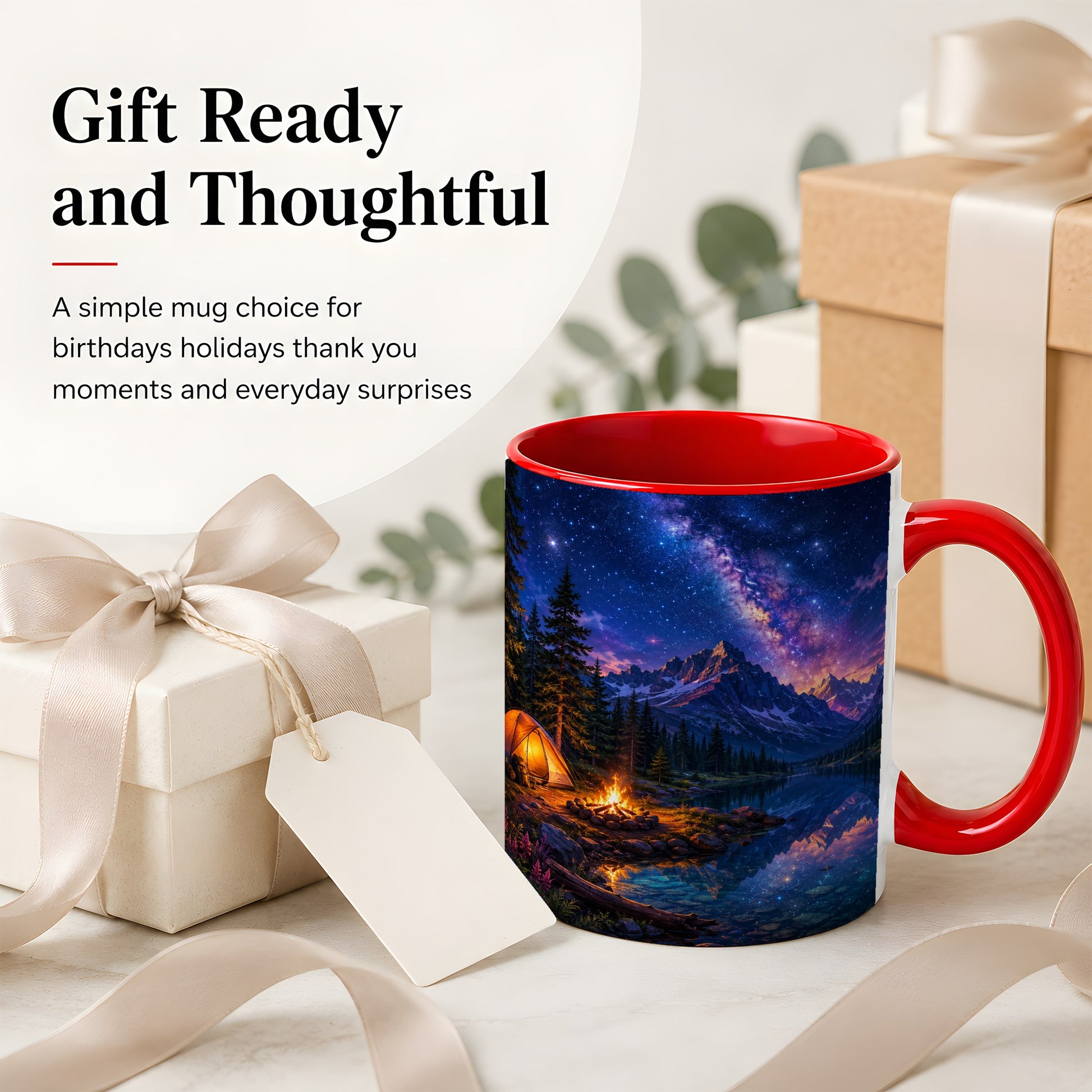 #pl[11oz|Red] Milky Way Camping Ceramic Mug, Mountain Lake Campfire Night