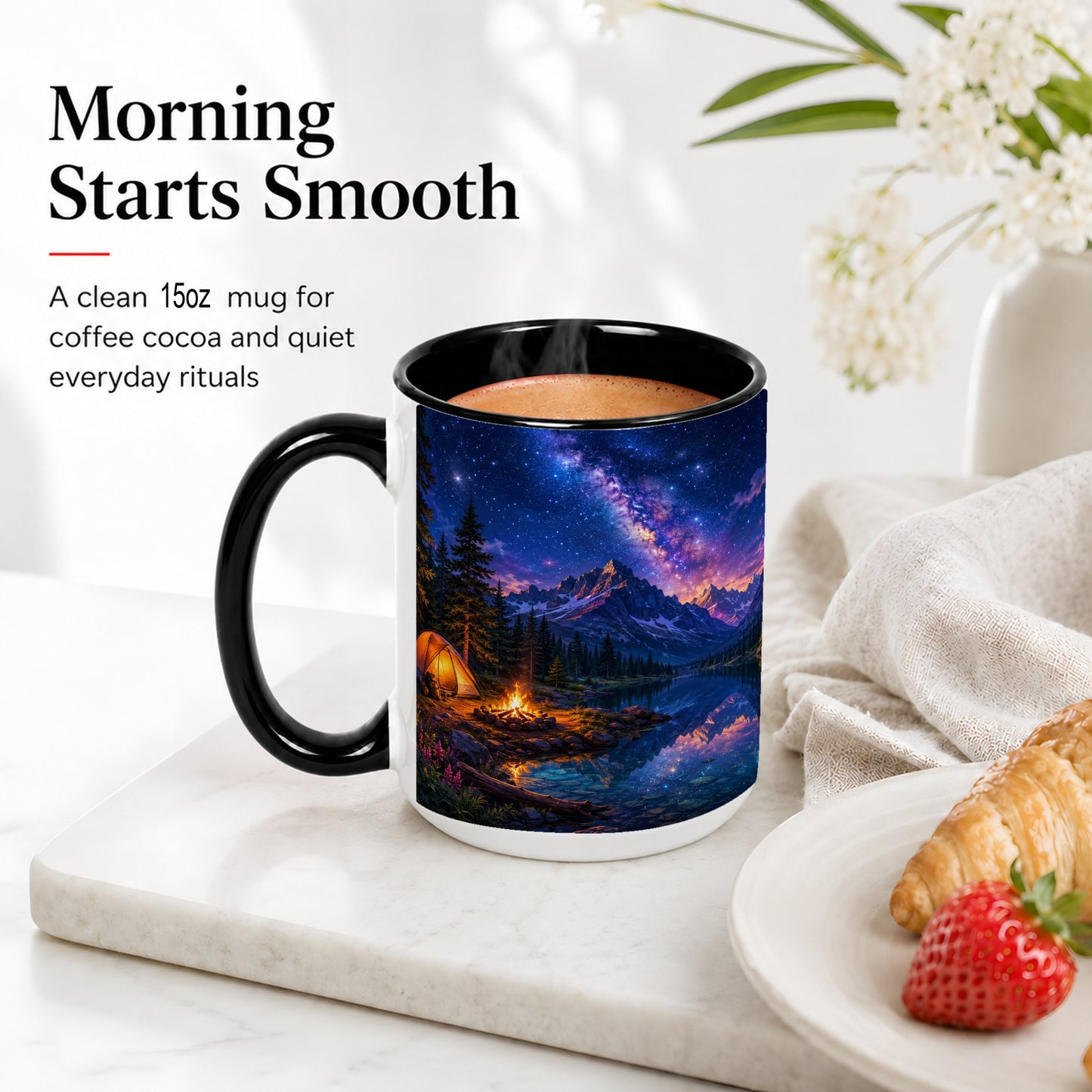 #pl[15oz|Black] Milky Way Camping Ceramic Mug, Mountain Lake Campfire Night