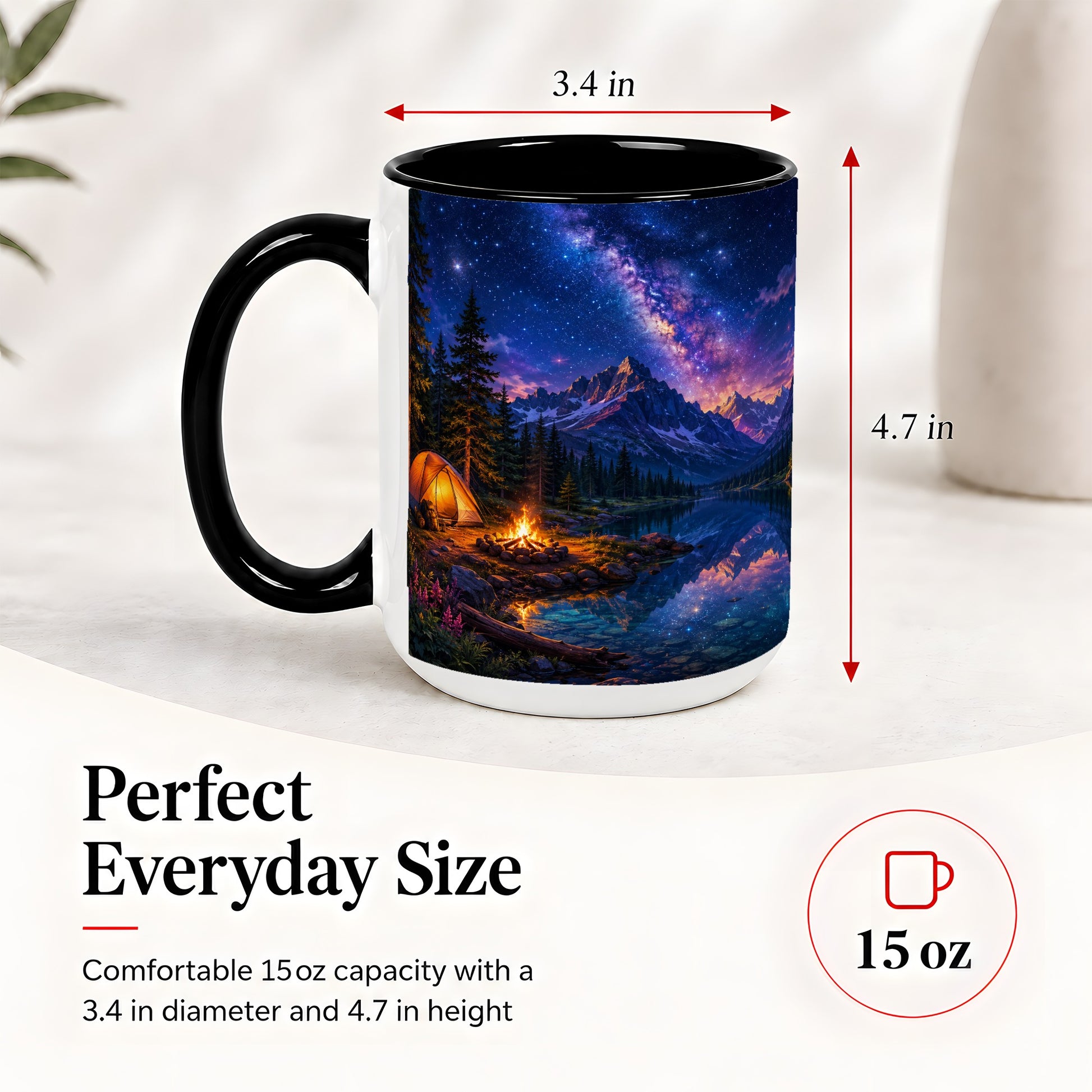 #pl[15oz|Black] Milky Way Camping Ceramic Mug, Mountain Lake Campfire Night